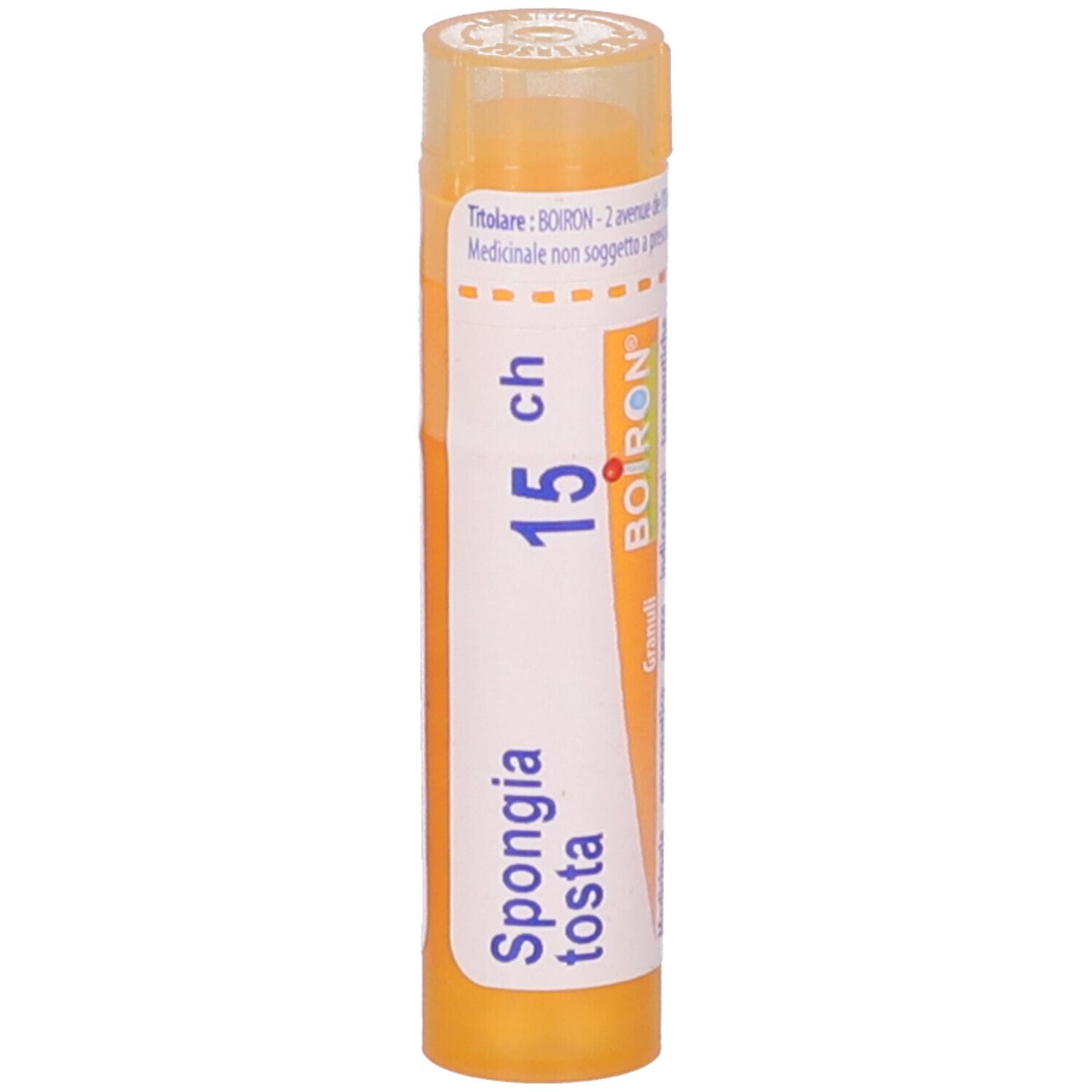 Tubo giallo verticale. Scritta: Spongia tosta 15 ch, BOIRON, Granuli. Con testo.