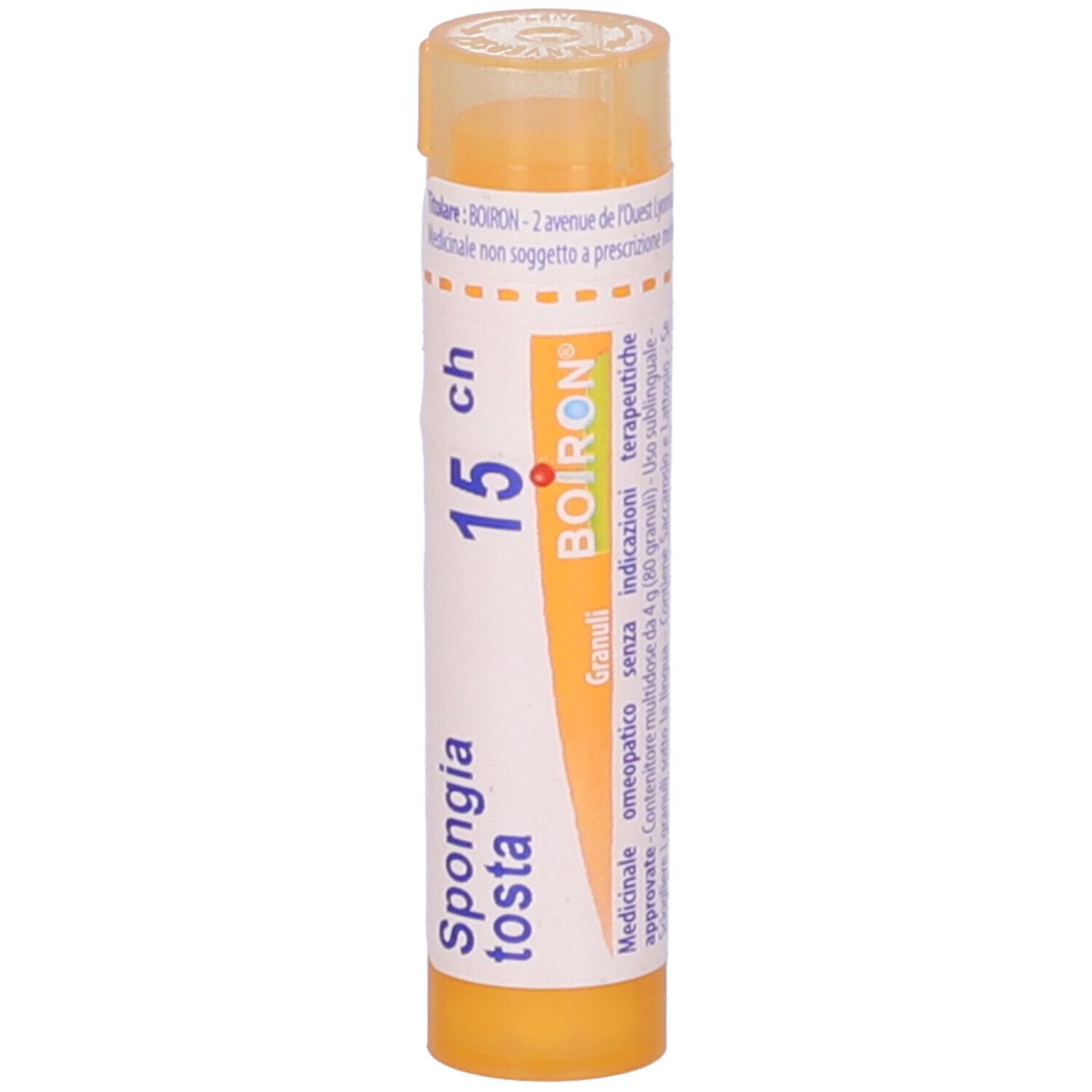 Tubo giallo verticale. Scritta: Spongia tosta 15 ch, BOIRON, Granuli. Con testo.