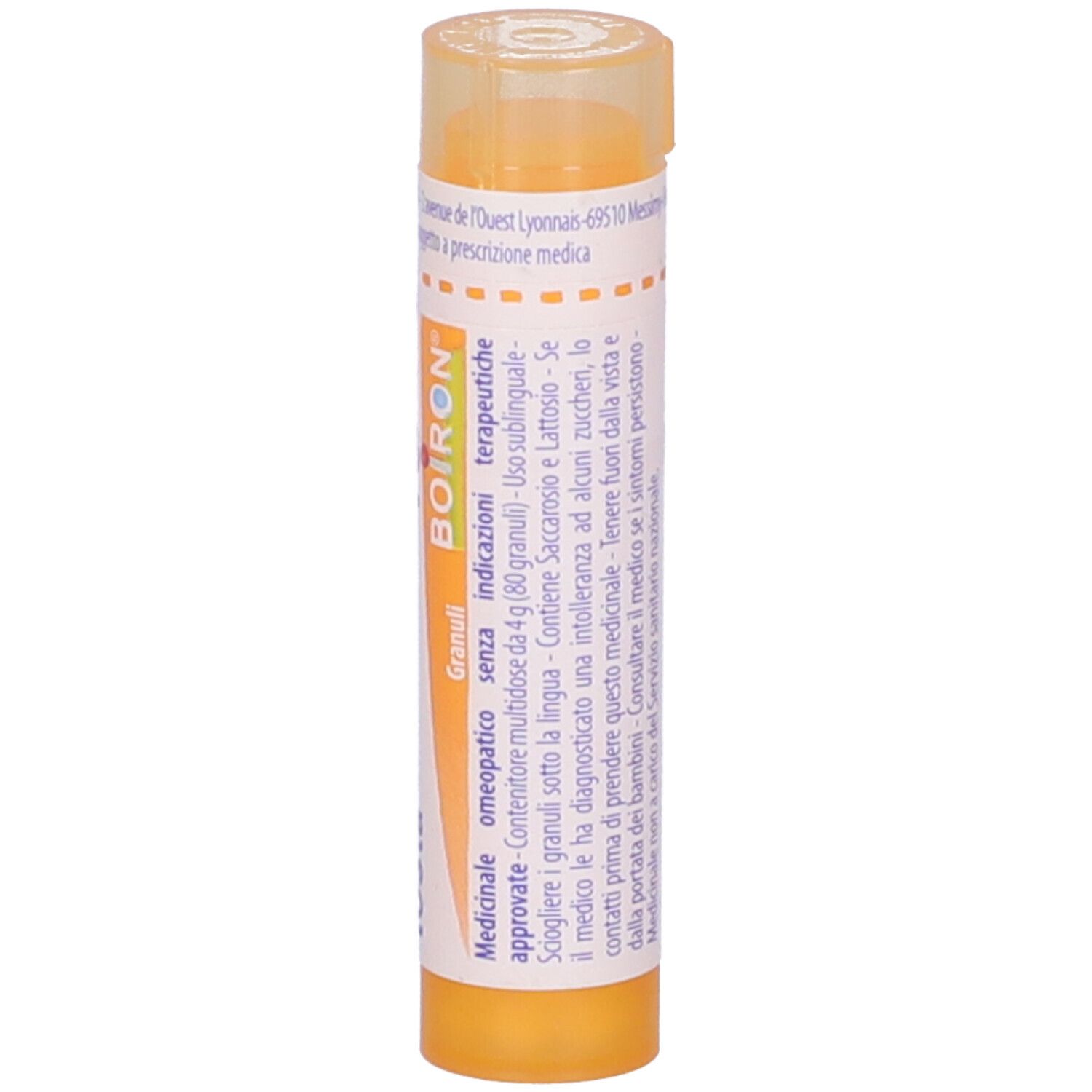 Tubo giallo verticale. Scritta: Spongia tosta 15 ch, BOIRON, Granuli. Con testo.