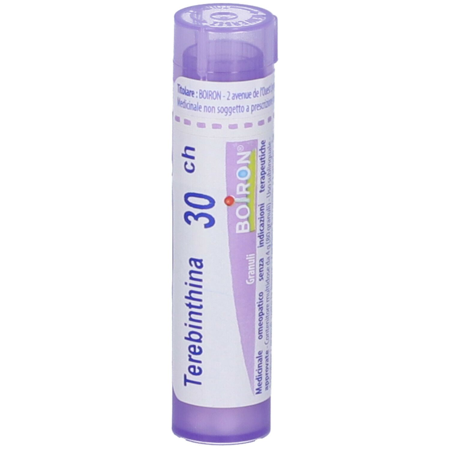 Confezione cilindrica con nome del prodotto e dosaggio. Marchio BOIRON. Colori viola e bianco.