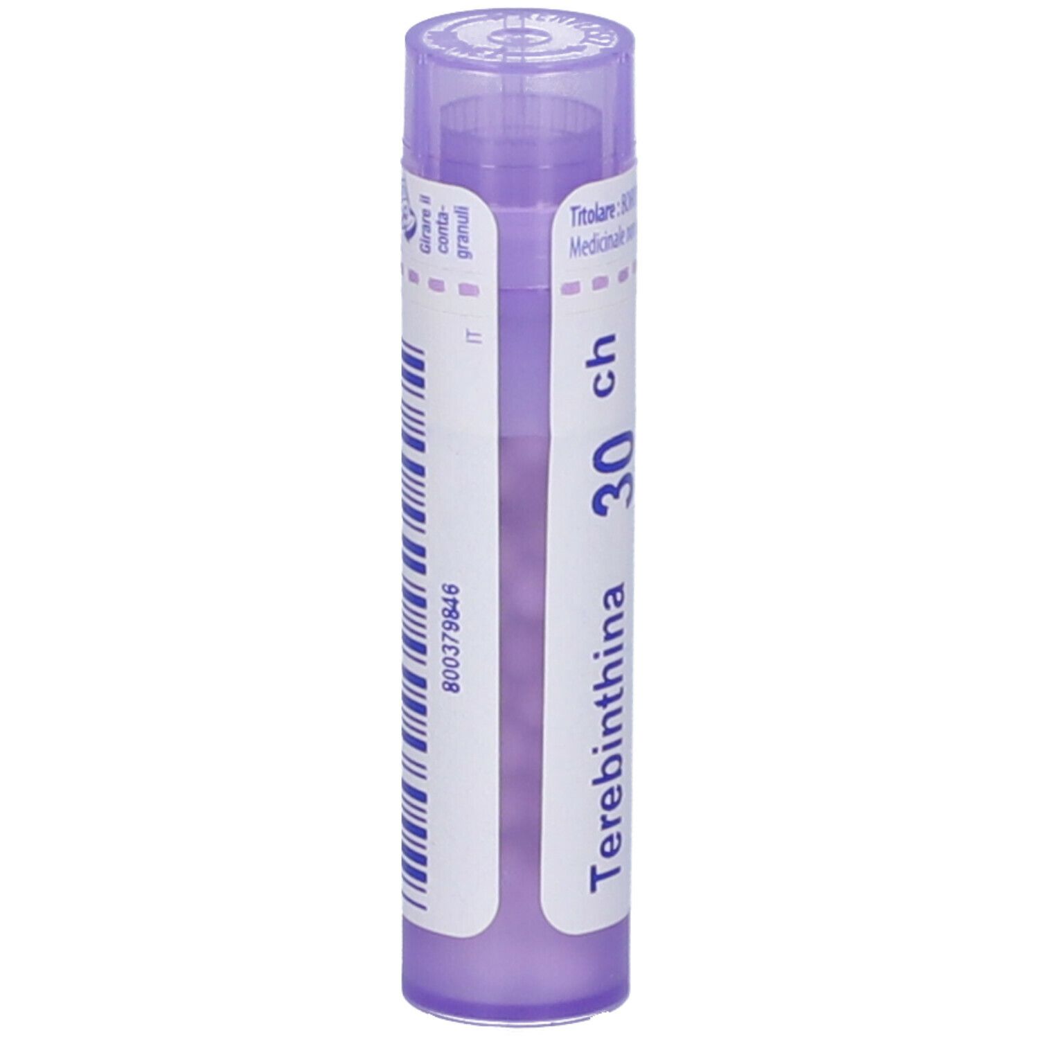Confezione cilindrica con nome del prodotto e dosaggio. Marchio BOIRON. Colori viola e bianco.