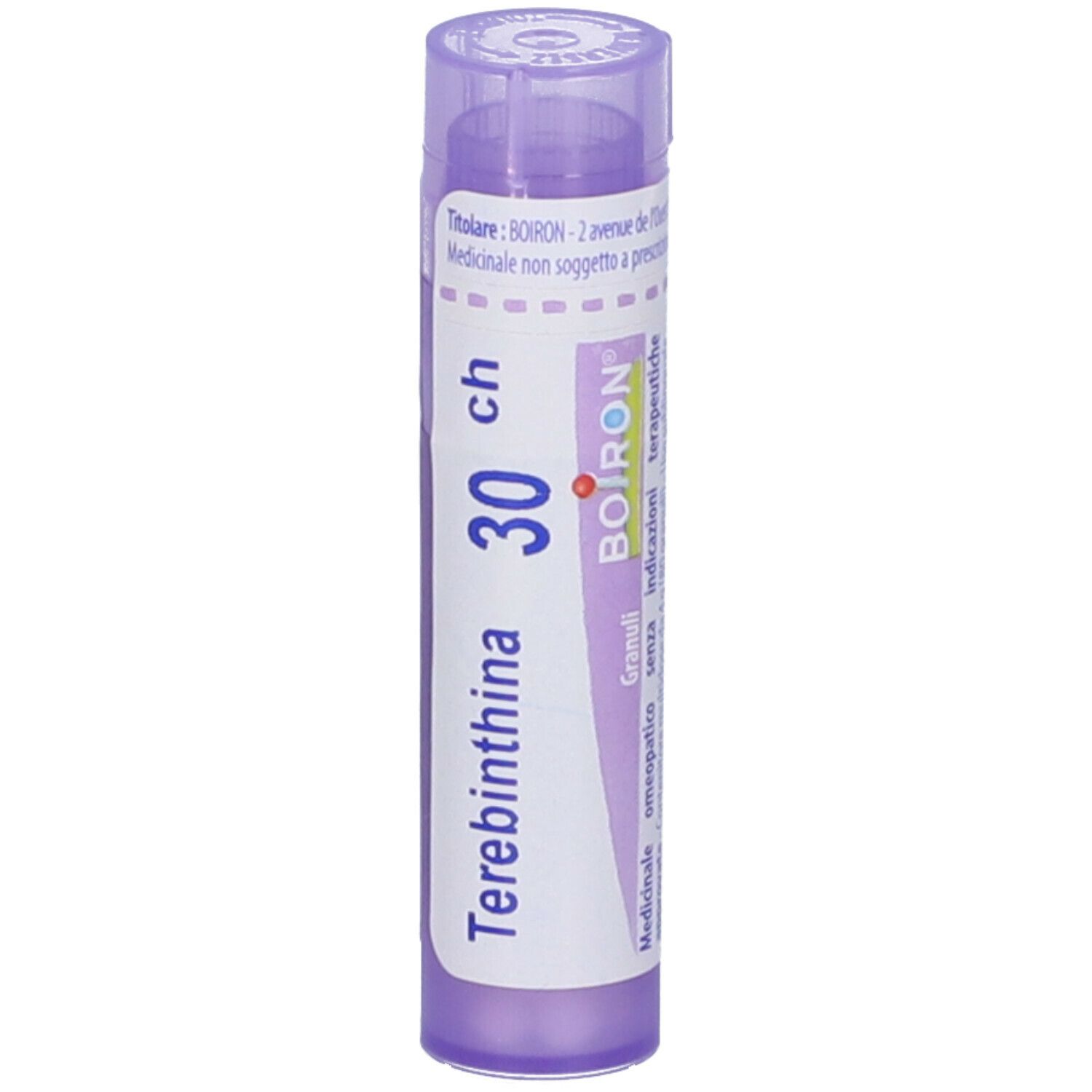 Confezione cilindrica con nome del prodotto e dosaggio. Marchio BOIRON. Colori viola e bianco.