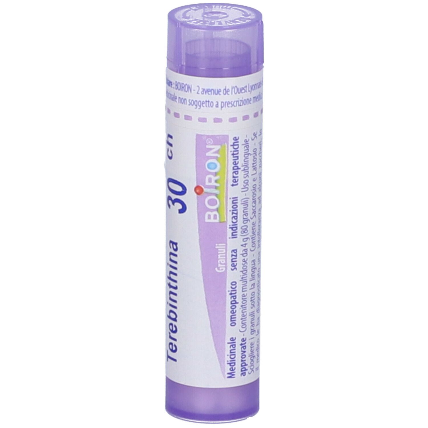 Confezione cilindrica con nome del prodotto e dosaggio. Marchio BOIRON. Colori viola e bianco.