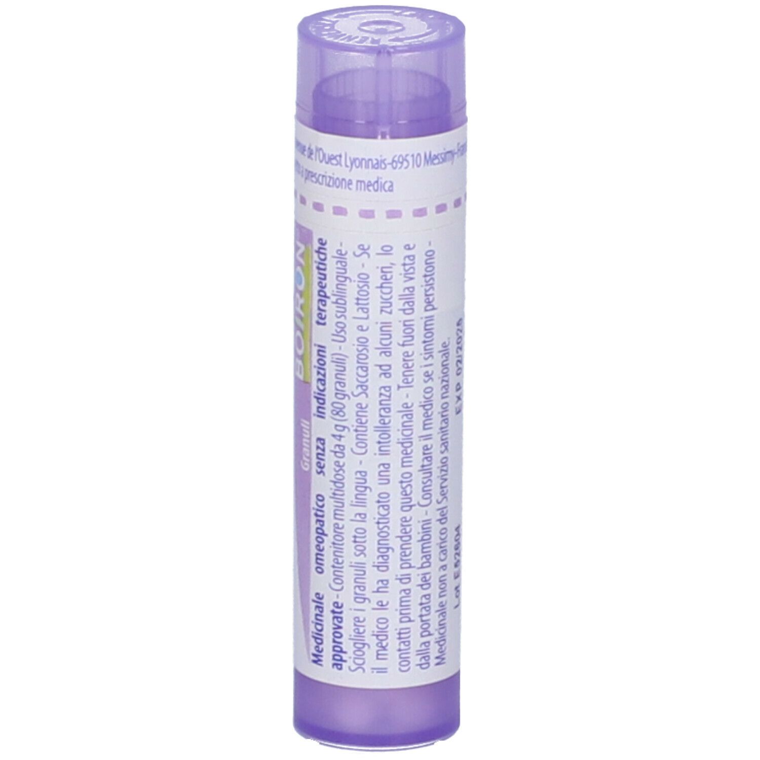 Confezione cilindrica con nome del prodotto e dosaggio. Marchio BOIRON. Colori viola e bianco.
