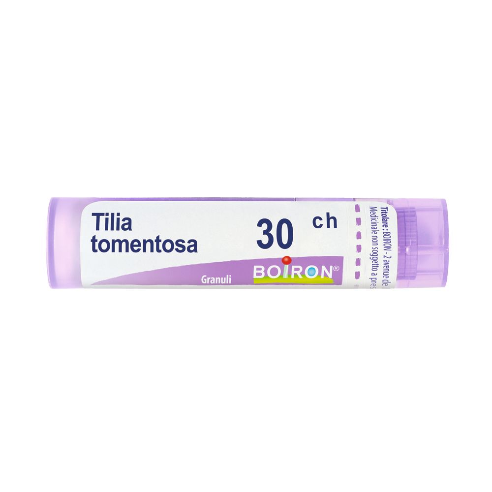 Confezione cilindrica viola con testo bianco. Scritta: Tilia tomentosa, 30 ch, Granuli, BOIRON.