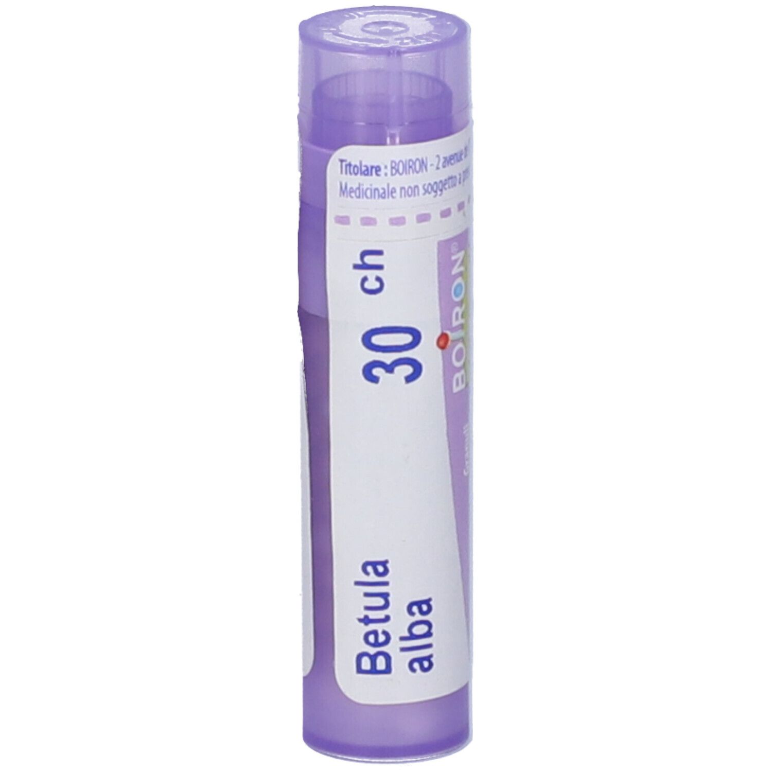 Confezione cilindrica viola. Scritte: Betula alba, 30 ch, BOIRON. Coperchio ed etichetta bianchi.