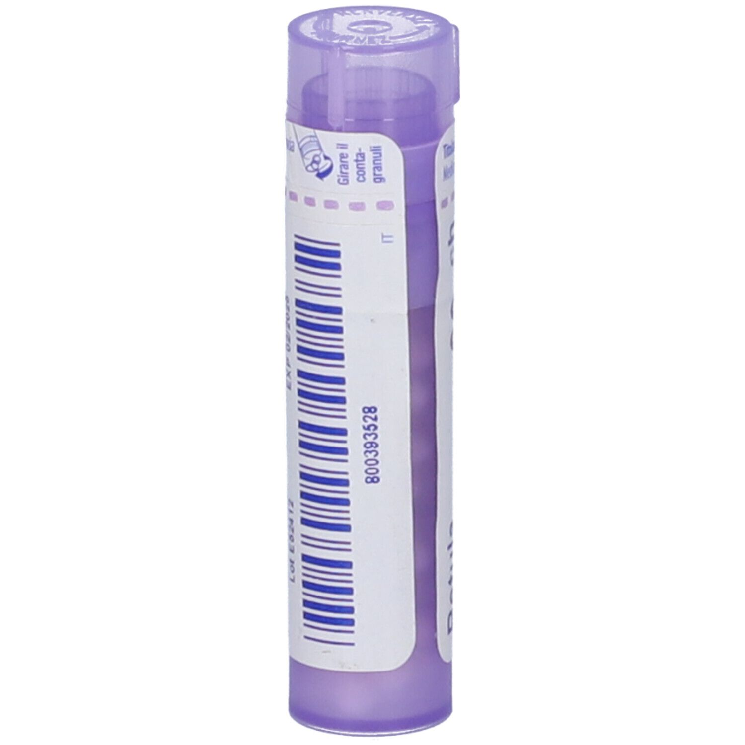 Confezione cilindrica viola. Codice a barre e testo su etichetta bianca. Contiene granuli.