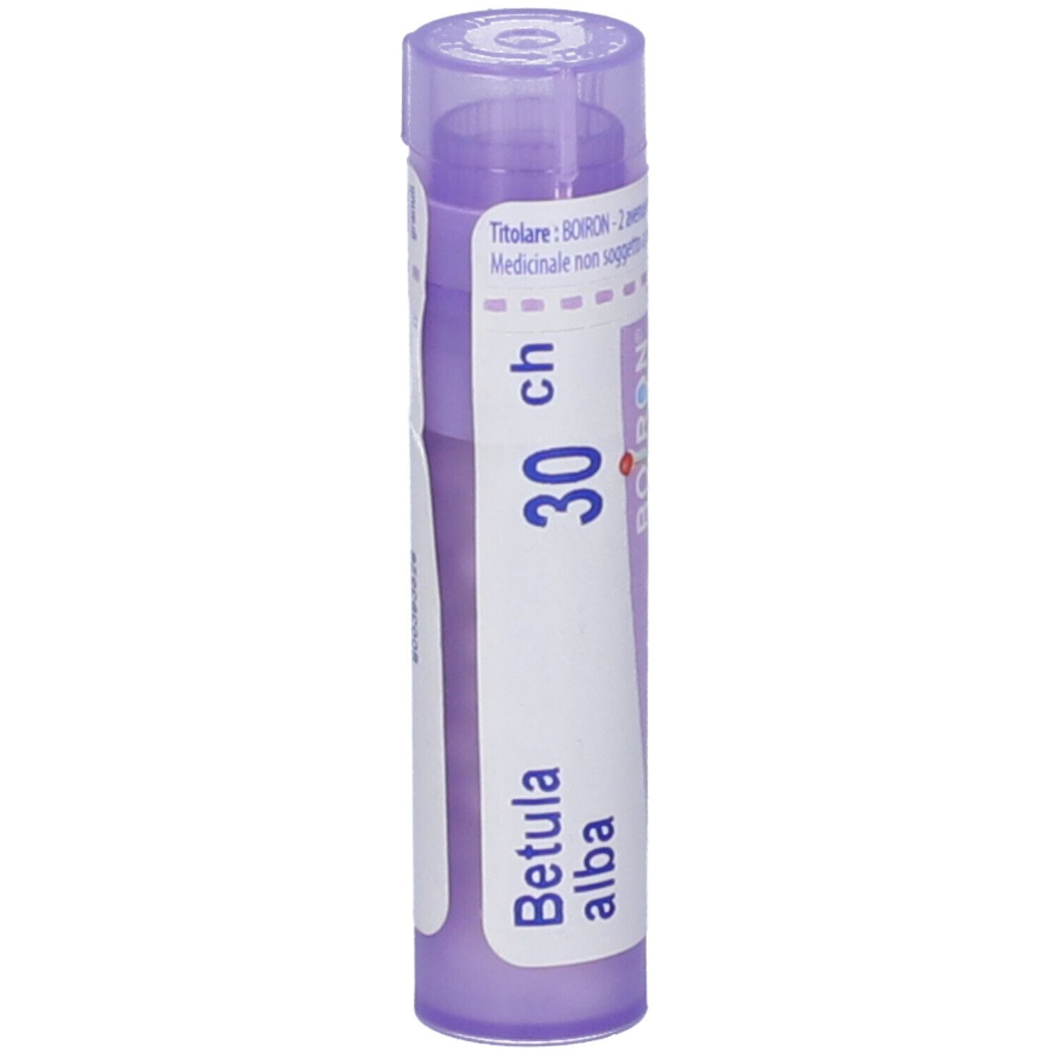 Confezione cilindrica viola. Scritte: Betula alba, 30 ch. Etichetta bianca con testo.