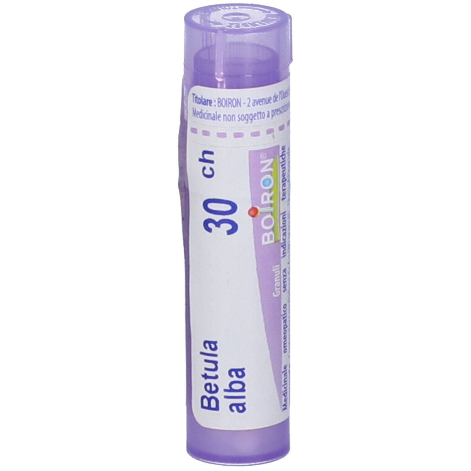 Confezione cilindrica viola. Scritte: Betula alba, 30 ch, BOIRON. Etichetta bianca.