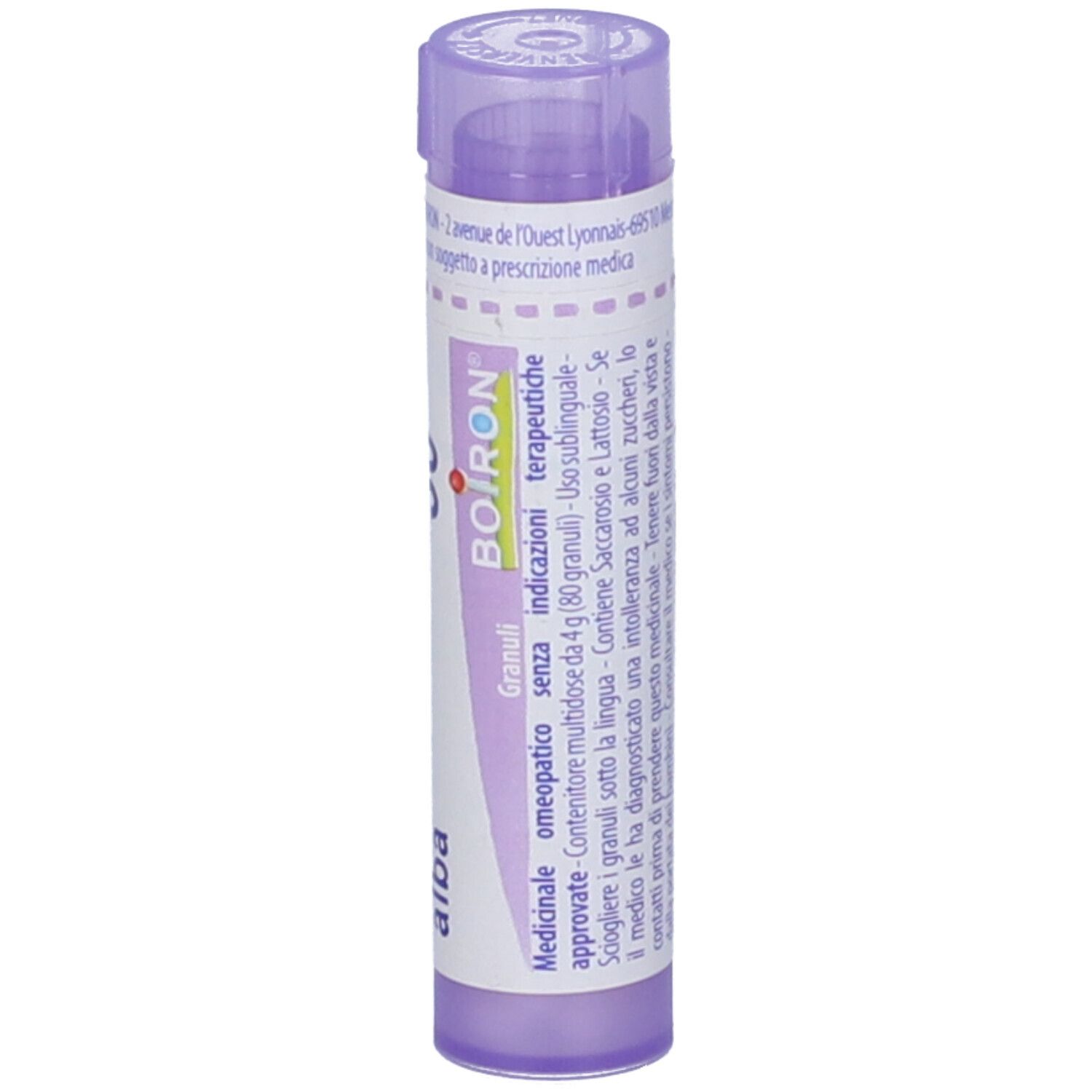 Confezione cilindrica viola. Scritte: Betula alba, BOIRON. Etichetta con testo e logo.