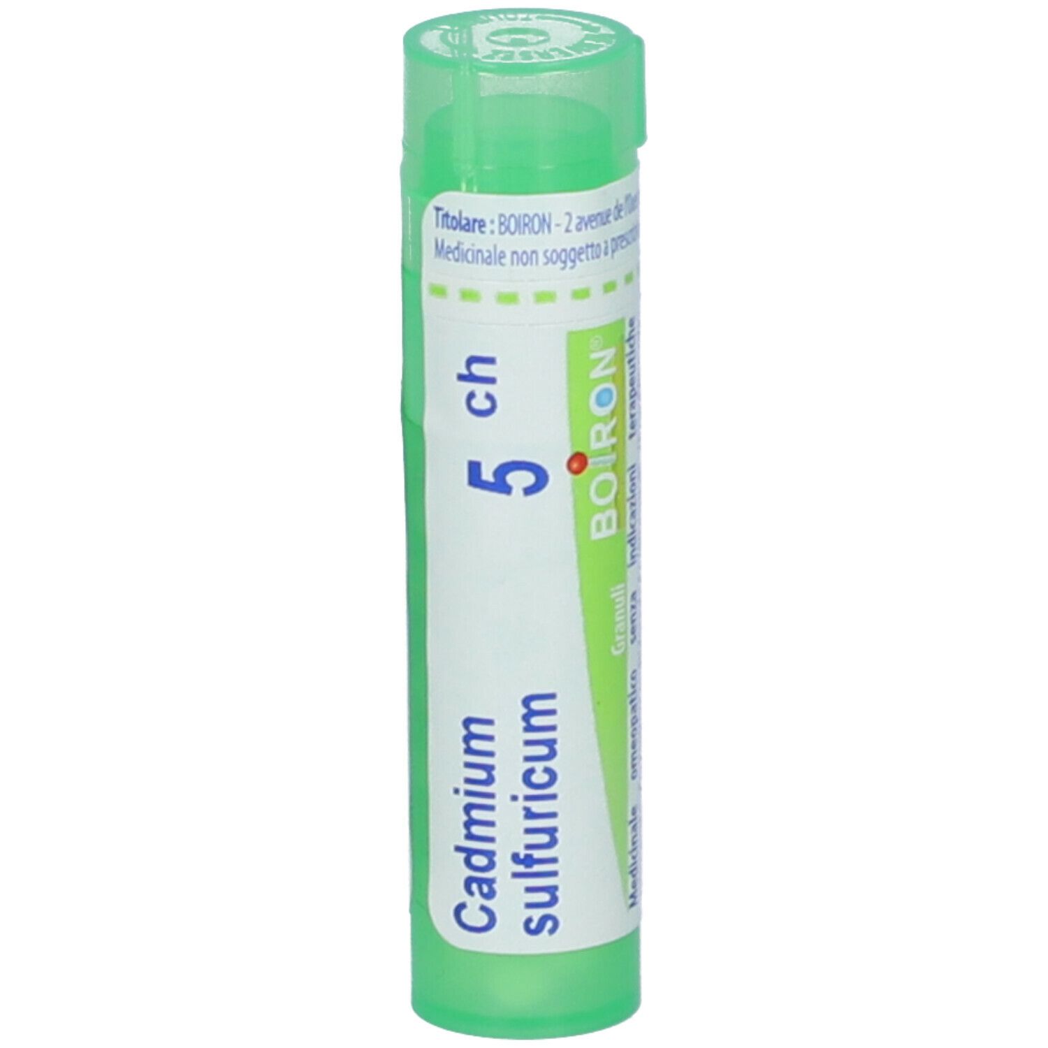 Tubo verde con "Cadmium sulfuricum 5 ch" e logo BOIRON. Scritta: Titulaire: BOIRON.