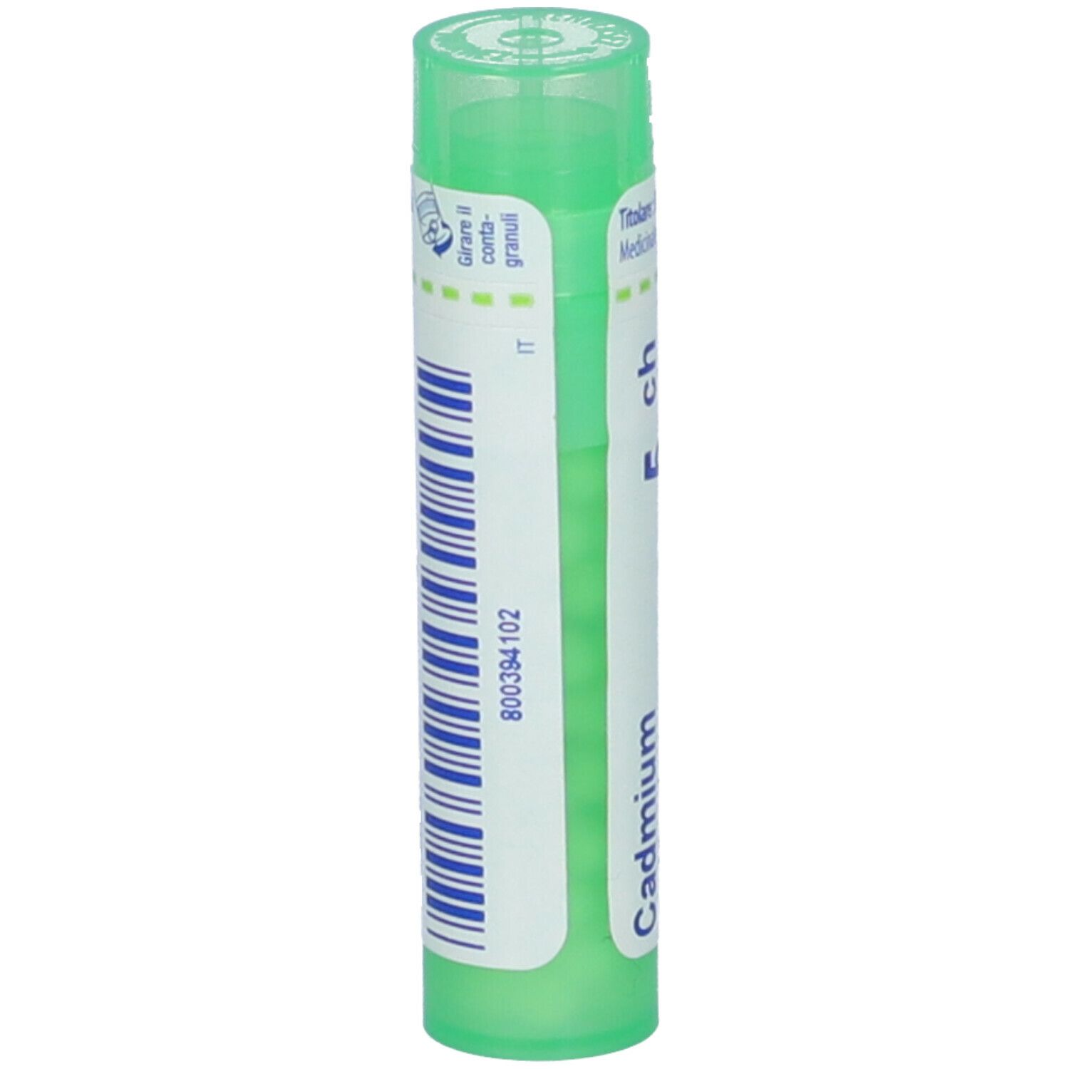 Tubo verde con "Cadmium" e codice a barre. Scritta: 800394102. "5 ch" e logo BOIRON.