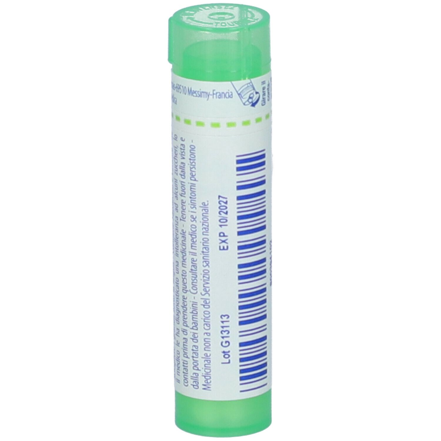 Tubo verde con testo. Scritta: EXP 10 2027 e Lot G13113. Contiene granuli.