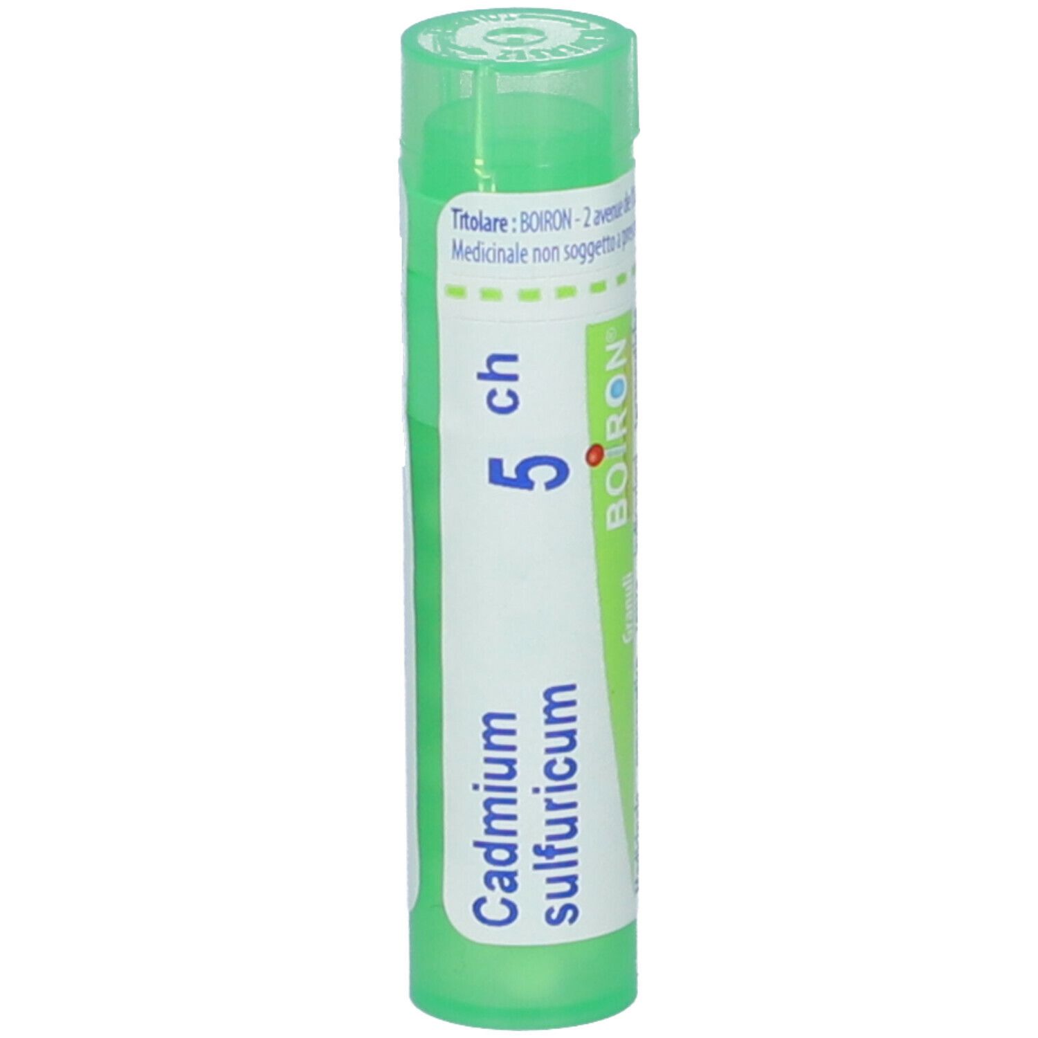 Tubo verde con "Cadmium sulfuricum 5 ch" e logo BOIRON. Contiene granuli.