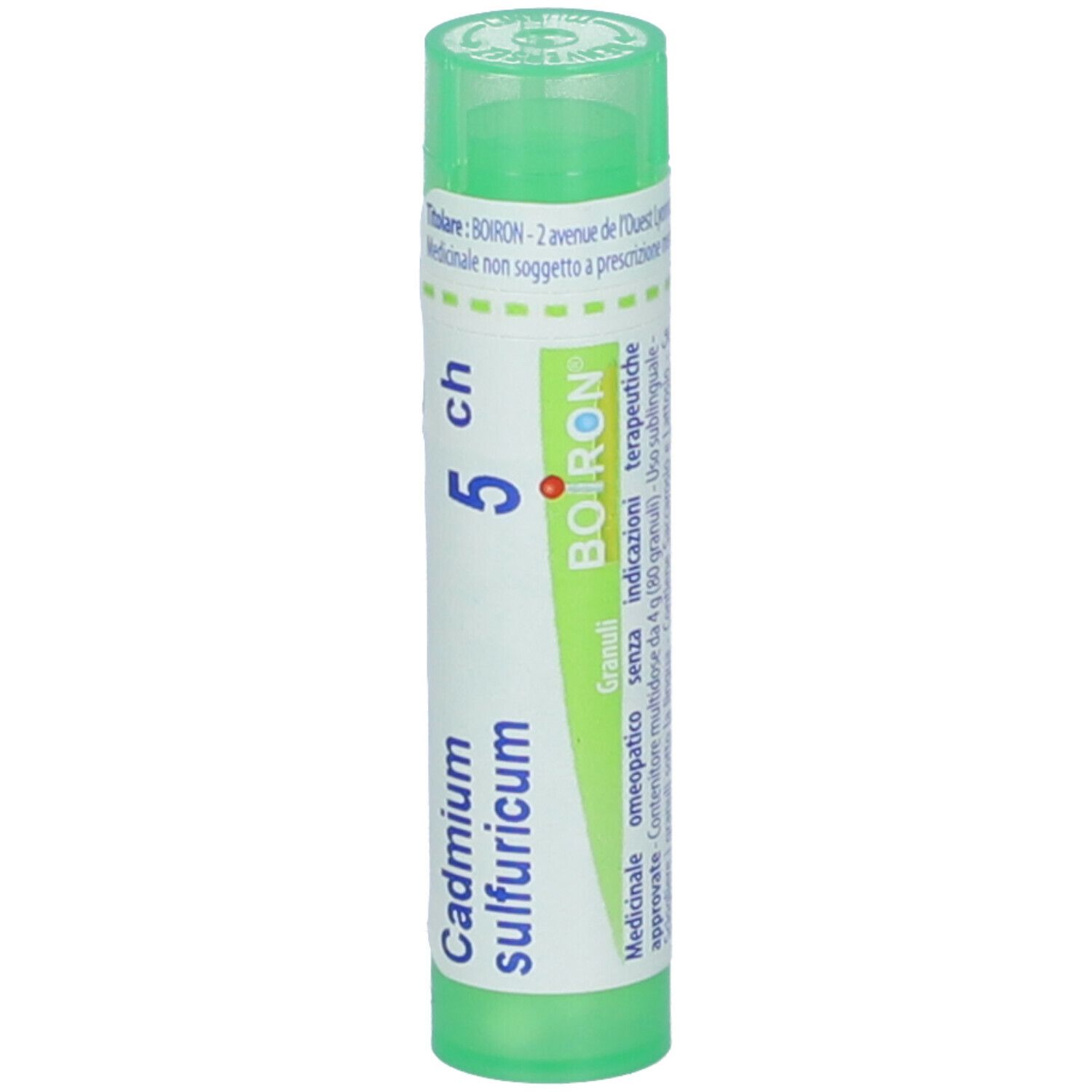 Tubo verde con "Cadmium sulfuricum 5 ch" e logo BOIRON. Contiene granuli.