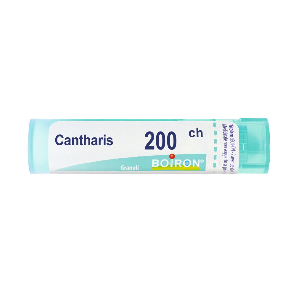Tubo cilindrico azzurro con scritta bianca: Cantharis 200 ch, Granuli, BOIRON. Tappo verde.