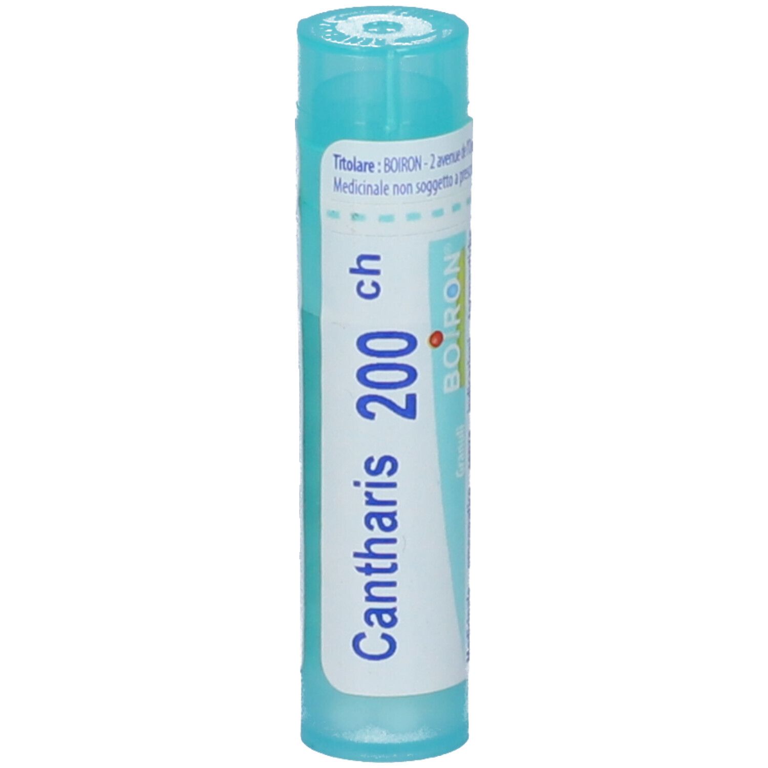 Tubo azzurro con scritta bianca: Cantharis 200 ch, Granuli, BOIRON. Tappo verde. Vista verticale.