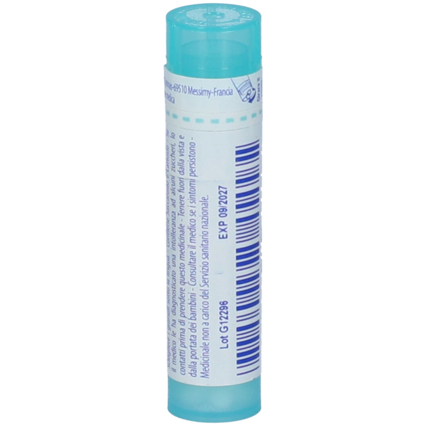Tubo azzurro con scritta bianca. Tappo verde. Scritta: EXP 09/2027. Numero di lotto G12296.