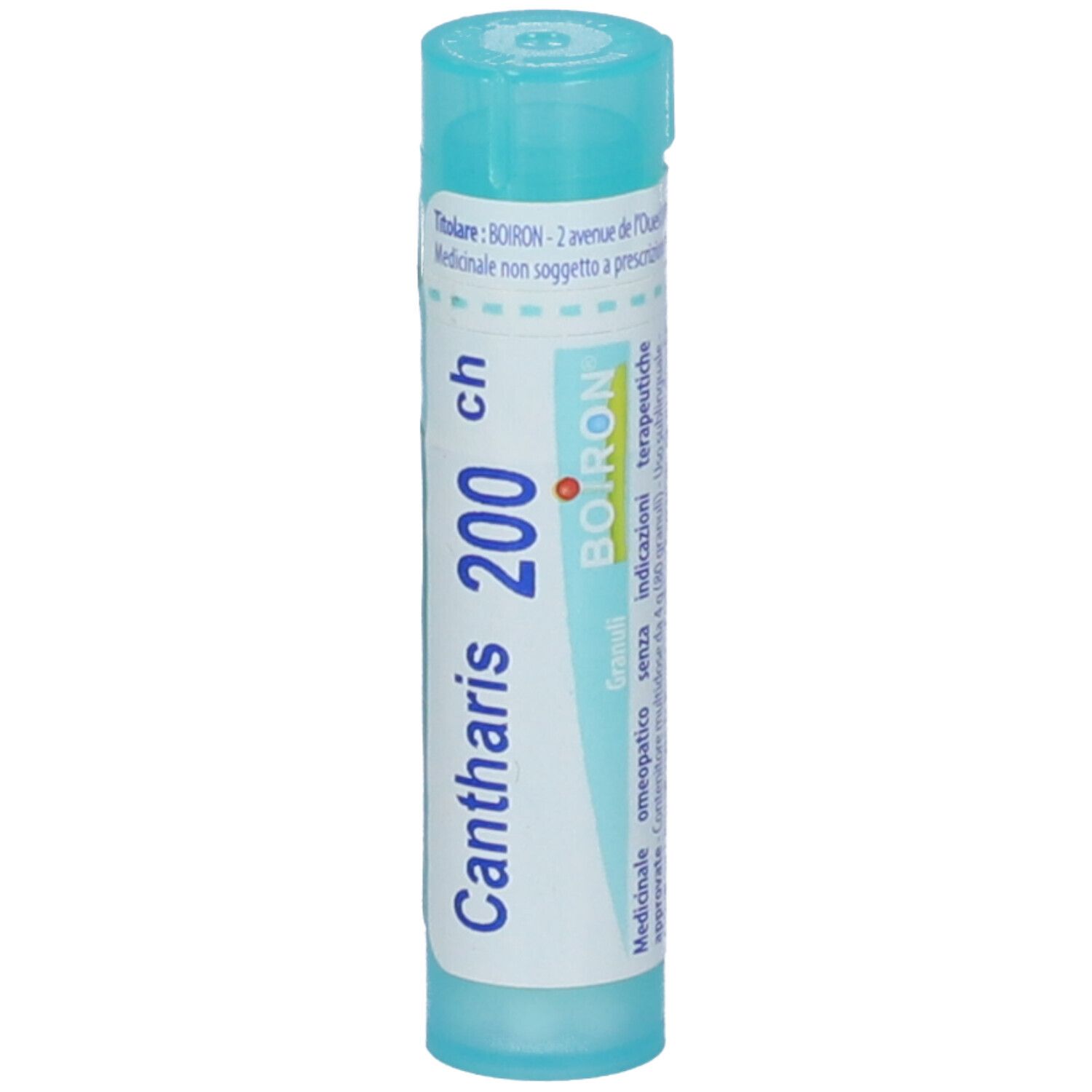 Tubo azzurro con scritta bianca: Cantharis 200 ch, BOIRON. Tappo verde. Vista dettagliata.