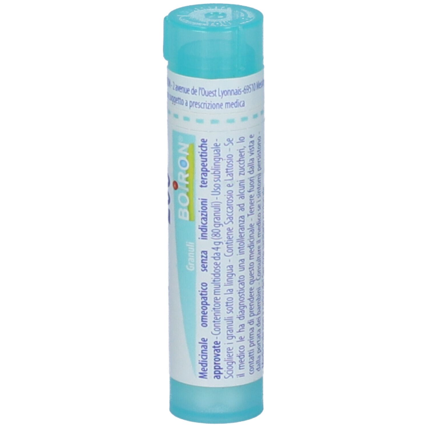 Tubo azzurro con scritta bianca: Cantharis 200 ch, BOIRON. Tappo verde. Vista dettagliata.