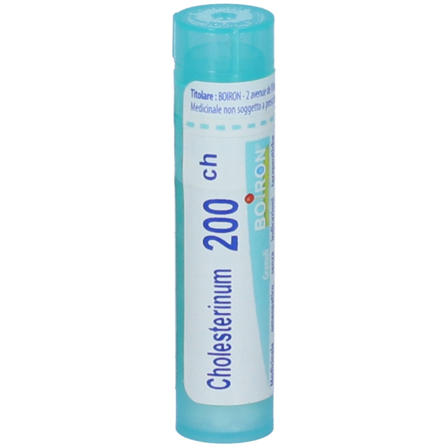 Confezione cilindrica blu con scritta "Cholesterinum 200 ch" e logo Boiron.