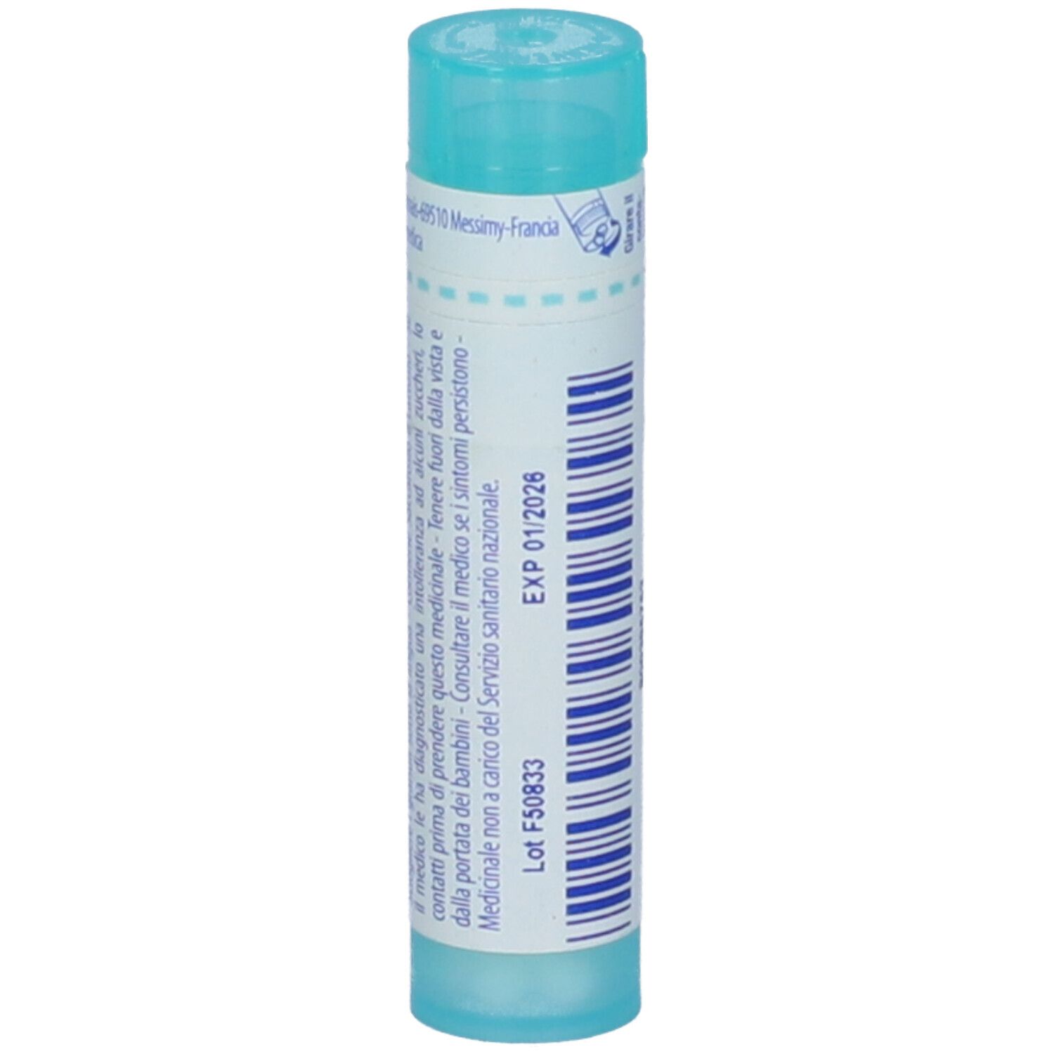 Confezione cilindrica blu con scritte. Scritta "EXP 01/2026" e numero di lotto.