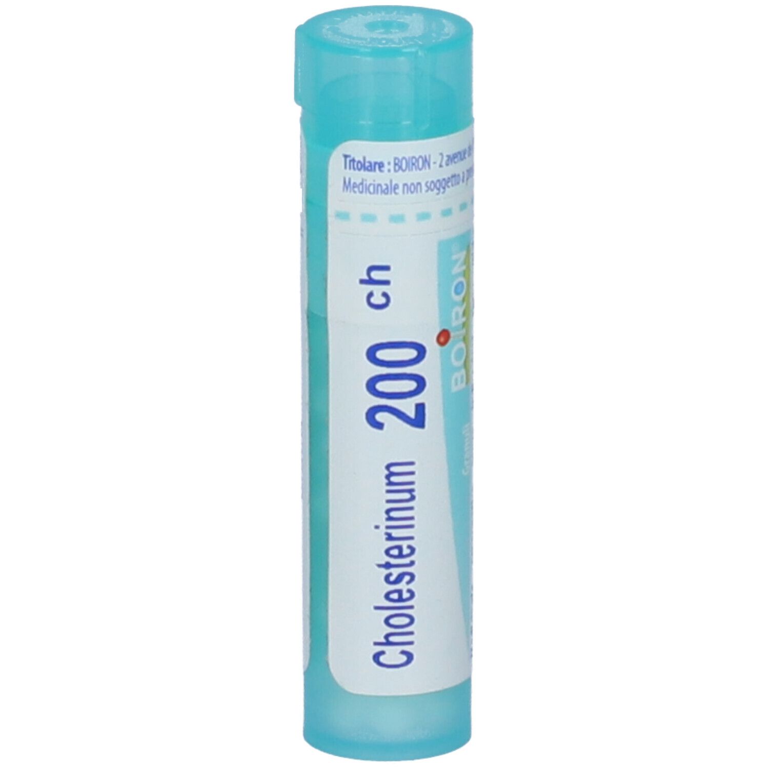 Confezione cilindrica blu con scritta "Cholesterinum 200 ch" e logo Boiron.
