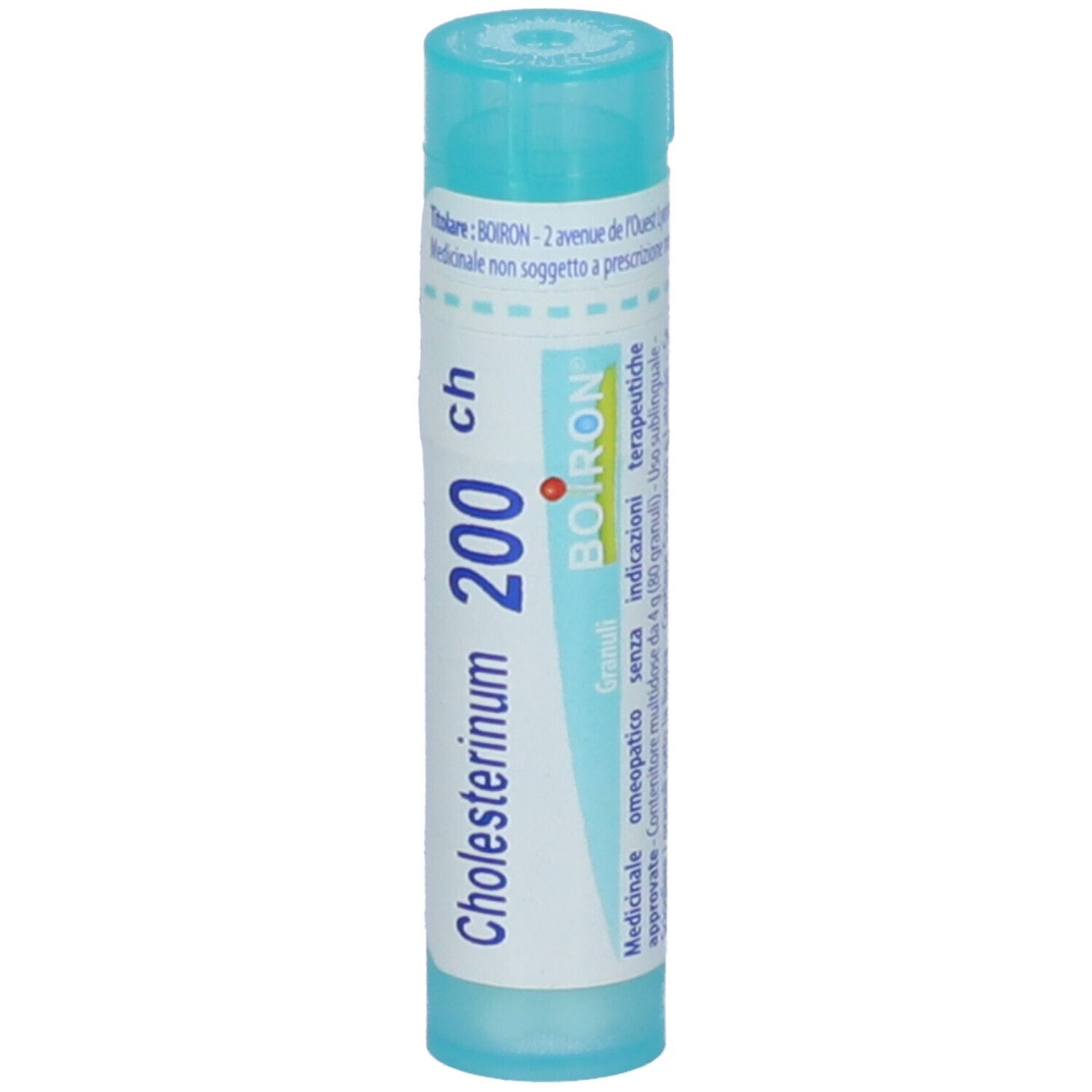 Confezione cilindrica blu con scritta "Cholesterinum 200 ch" e logo Boiron.