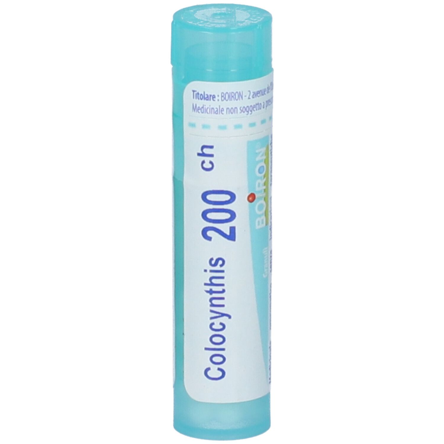 Tubo cilindrico azzurro chiaro. Scritta: Colocynthis 200 ch, BOIRON. Parte superiore con tappo a vite. Vista verticale.