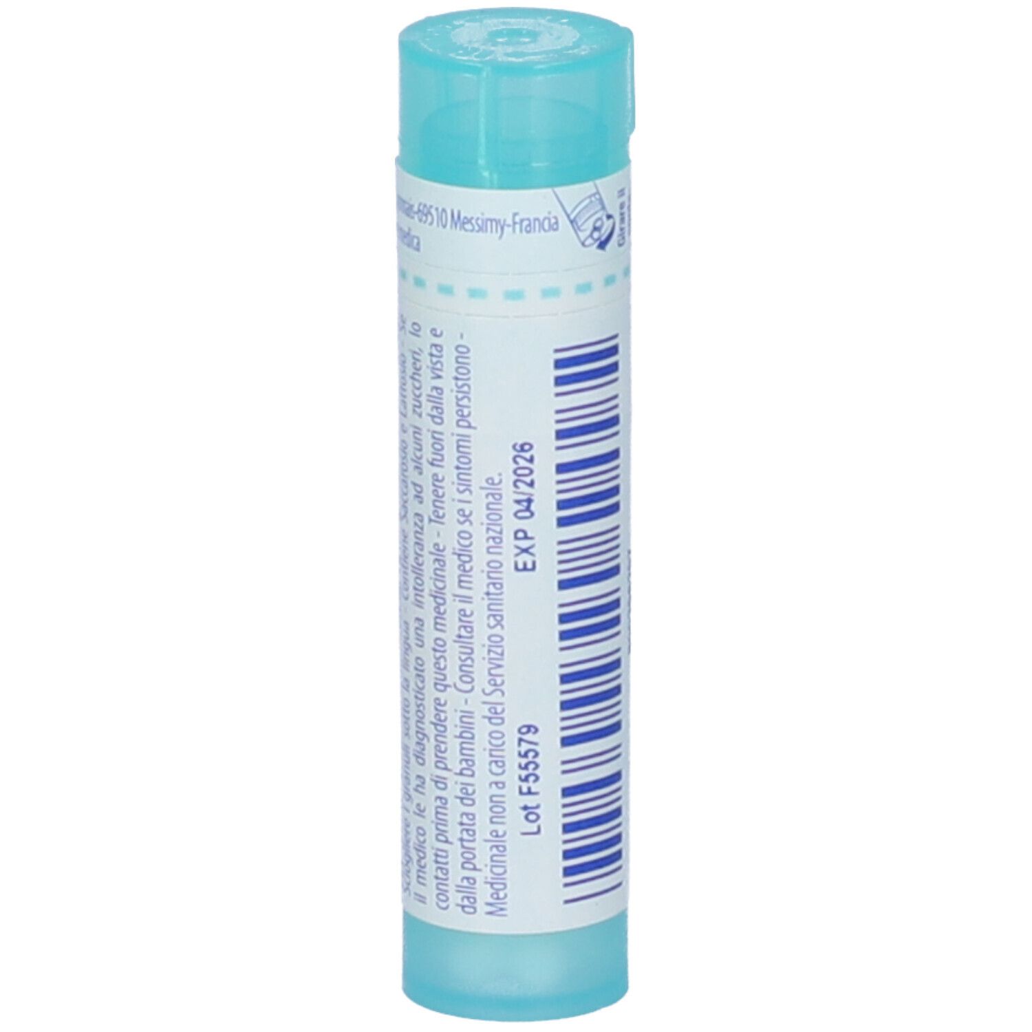 Tubo cilindrico azzurro chiaro. Scritta: Colocynthis 200 ch, BOIRON. Retro con informazioni e data di scadenza. Vista verticale.