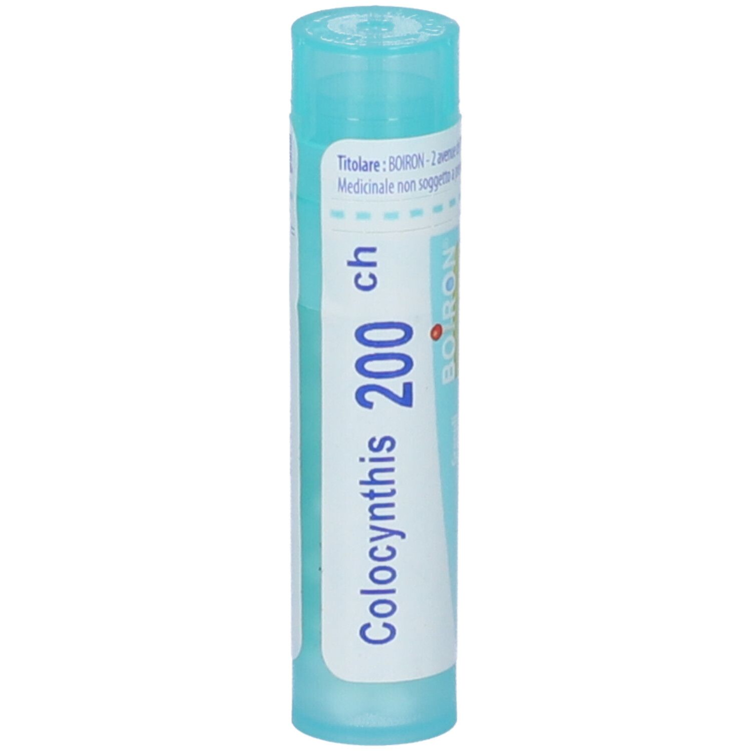 Tubo cilindrico azzurro chiaro. Scritta: Colocynthis 200 ch, BOIRON. Vista verticale. Informazioni sul prodotto sull'etichetta.