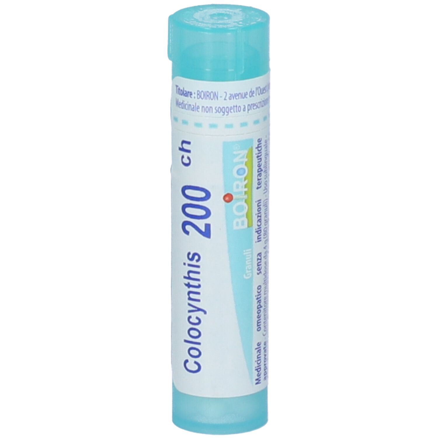 Tubo cilindrico azzurro chiaro. Scritta: Colocynthis 200 ch, BOIRON. Vista verticale. Informazioni sul prodotto sull'etichetta.