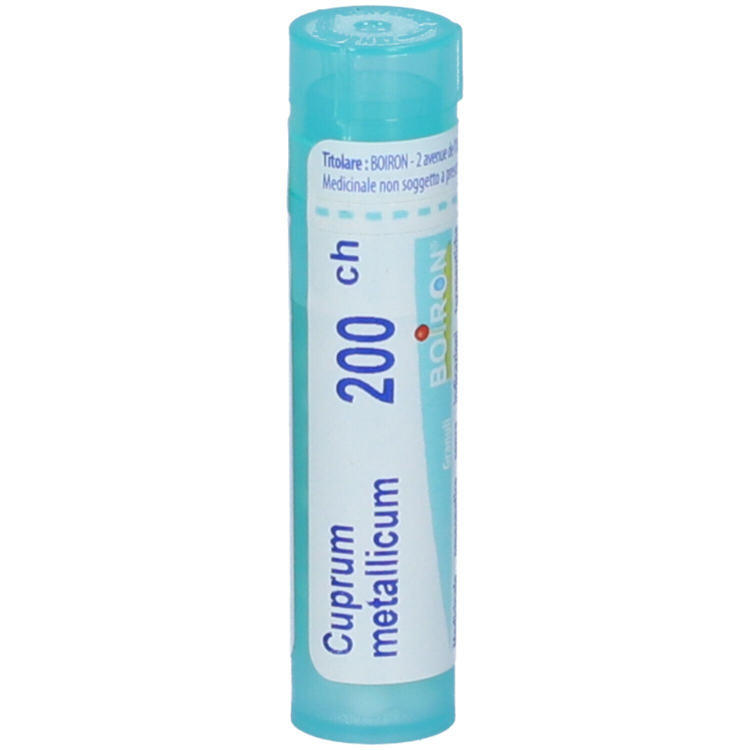Confezione cilindrica azzurra. Scritta: Cuprum metallicum 200 ch. Tappo verde. Logo BOIRON.