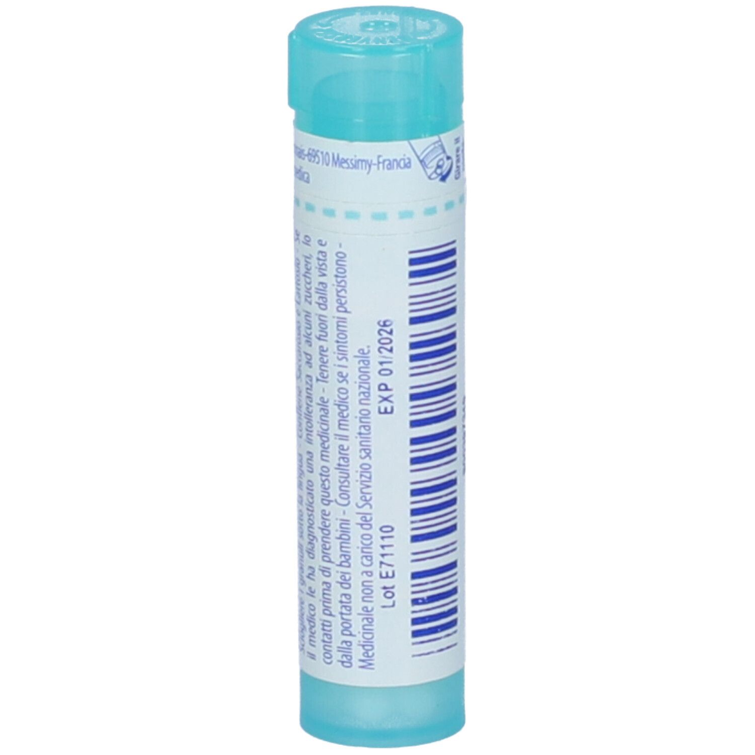 Confezione cilindrica azzurra. Scritta e data di scadenza. Tappo verde. Logo BOIRON.