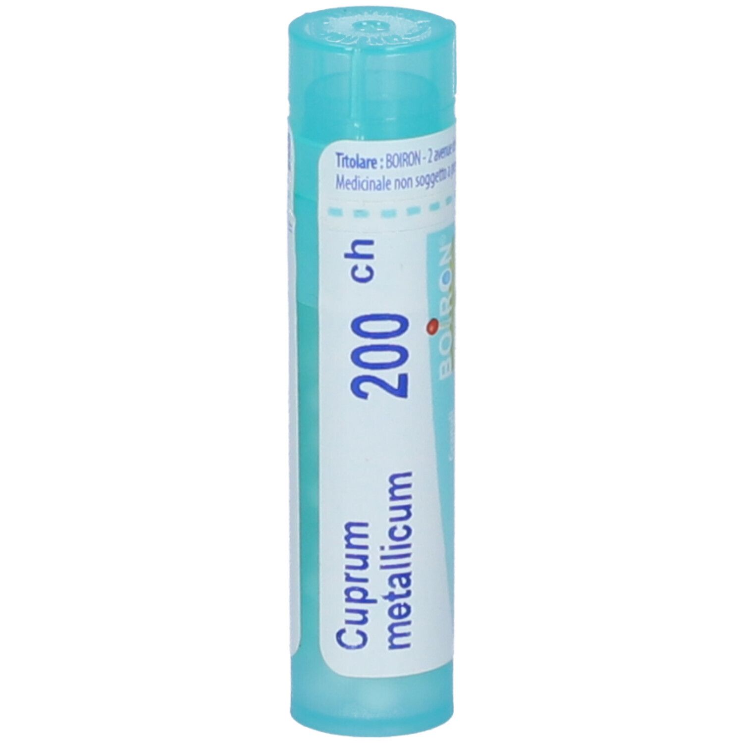 Confezione cilindrica azzurra. Scritta: Cuprum metallicum 200 ch. Tappo verde. Logo BOIRON.