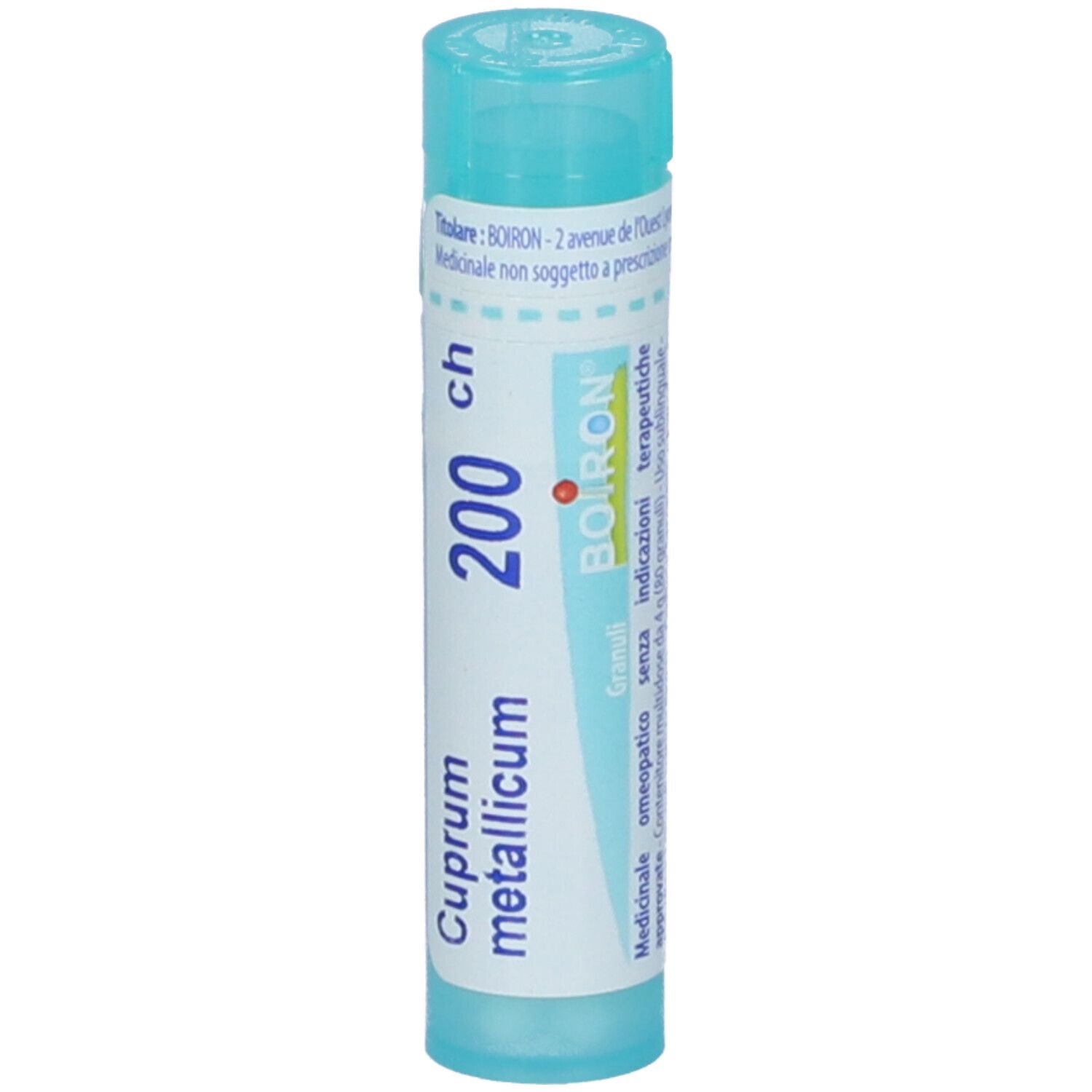 Confezione cilindrica azzurra. Scritta: Cuprum metallicum 200 ch. Tappo verde. Logo BOIRON.