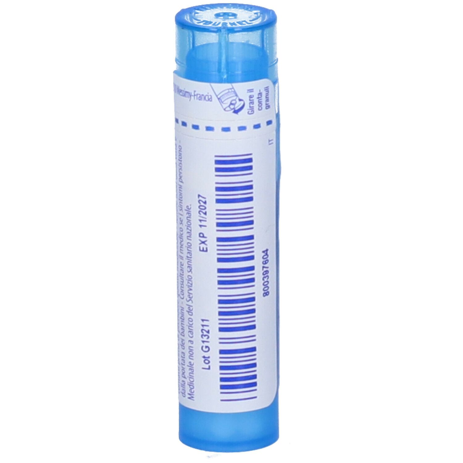 Tubo blu con etichetta bianca. Scritta: EXP 11/2027. Numero di lotto e codice a barre.