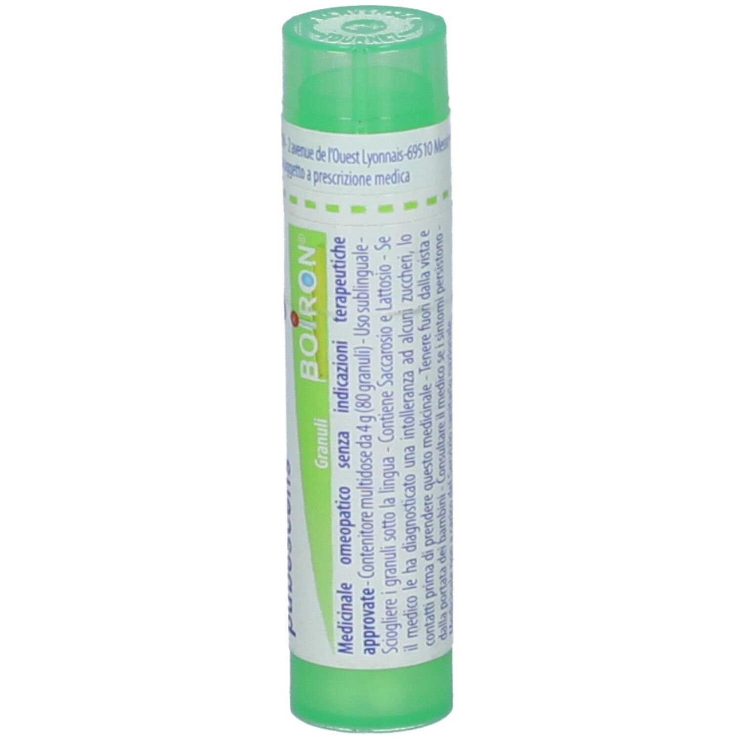 Confezione cilindrica verde. Scritta: BOIRON, Granuli, omeopatico, terapeutico.