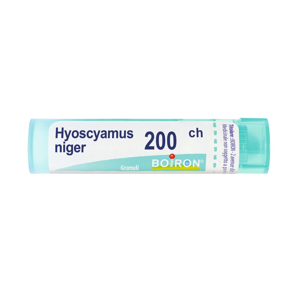 Confezione cilindrica con tappo blu. Scritta: Hyoscyamus niger 200 ch, BOIRON. Granuli.