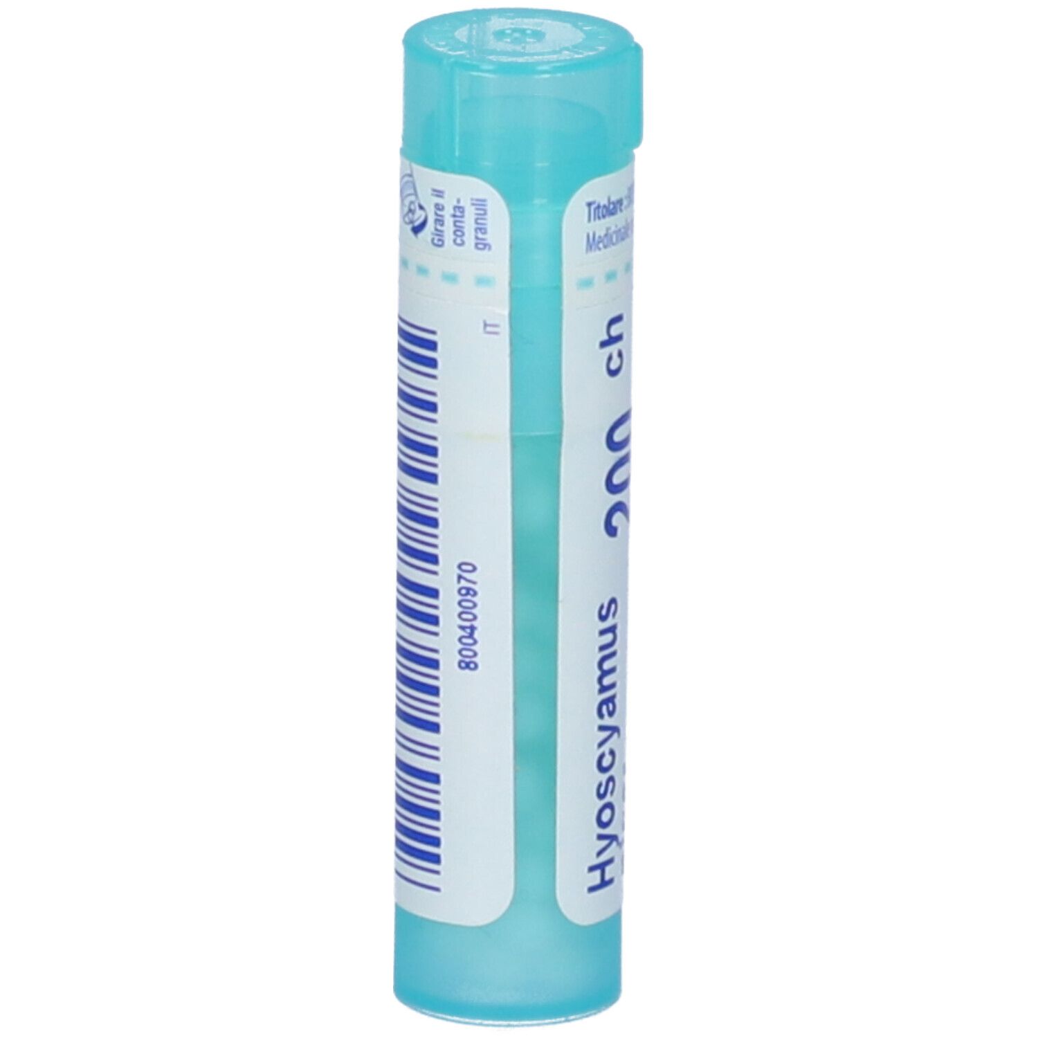 Confezione cilindrica azzurra. Codice a barre e scritta: Hyoscyamus niger 200 ch. Tappo blu.