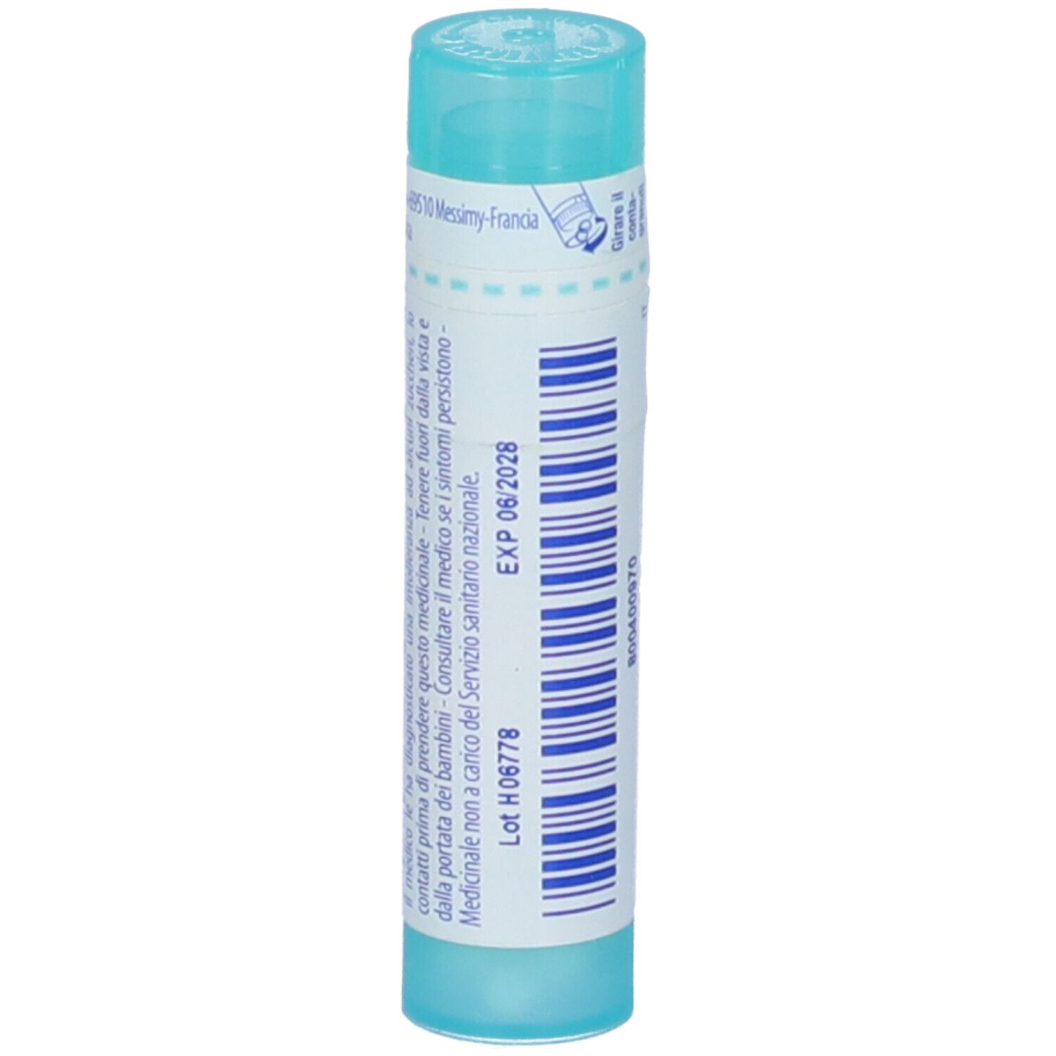 Confezione cilindrica azzurra. Scritta e data di scadenza. Tappo blu. Testo in italiano.