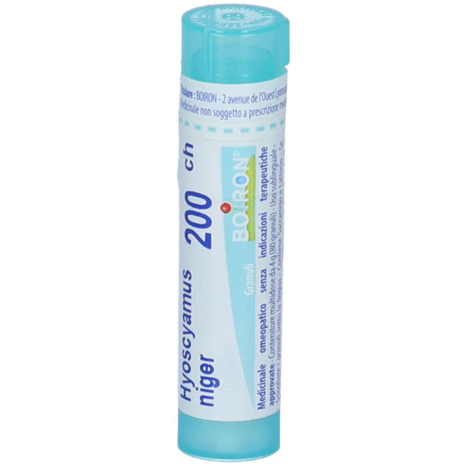 Confezione cilindrica azzurra. Scritta: Hyoscyamus niger 200 ch, BOIRON. Granuli. Tappo blu.