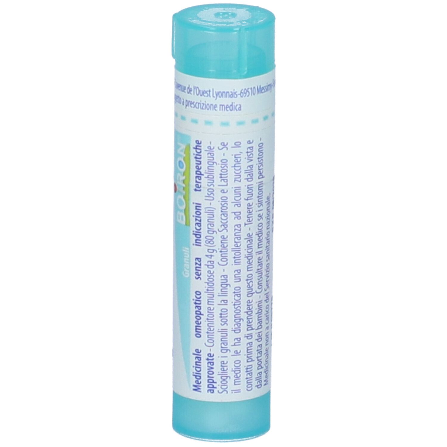 Confezione cilindrica azzurra. Scritta e informazioni. Tappo blu. Testo in italiano.