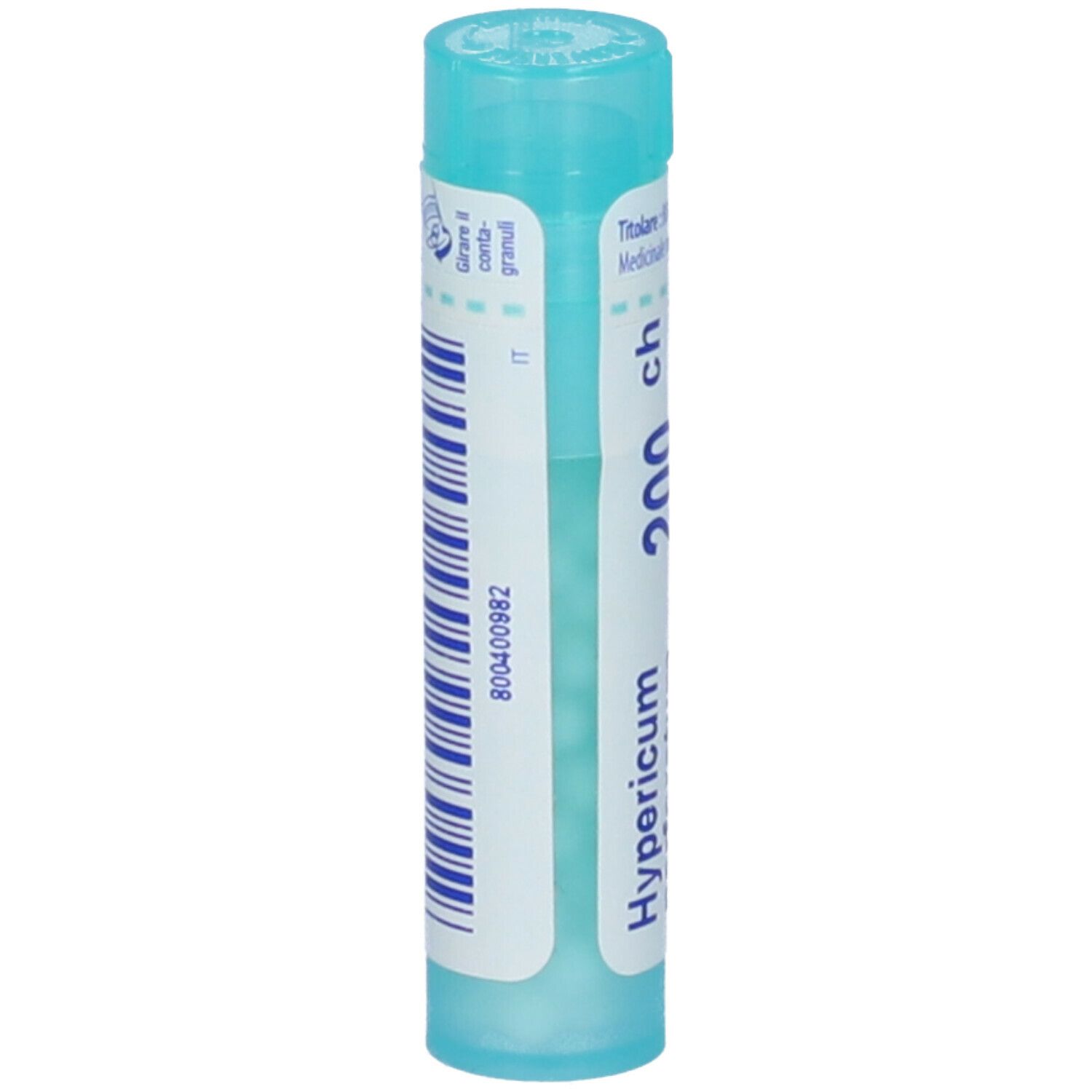 Tubo azzurro con testo bianco e codice a barre. Testo: Hypericum perforatum 200 ch, Granuli.