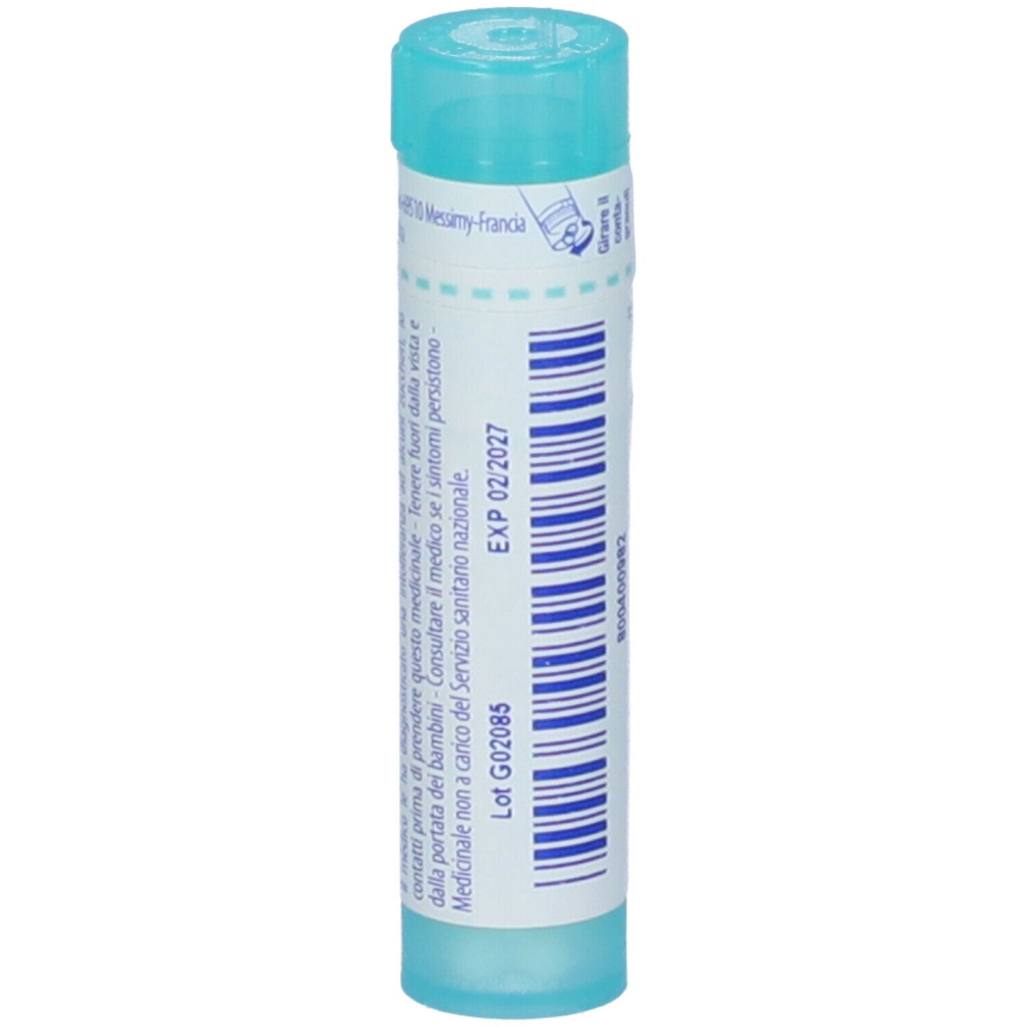 Tubo azzurro con testo bianco. Testo: Hypericum perforatum 200 ch, Granuli. Scadenza 02/2027.