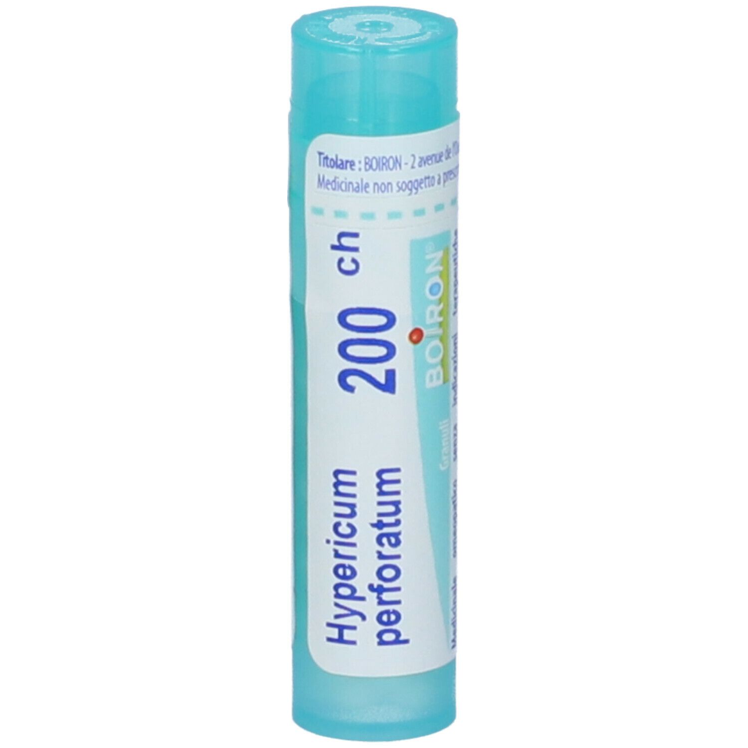 Tubo azzurro con testo bianco: Hypericum perforatum 200 ch, Granuli, BOIRON. Vista verticale.
