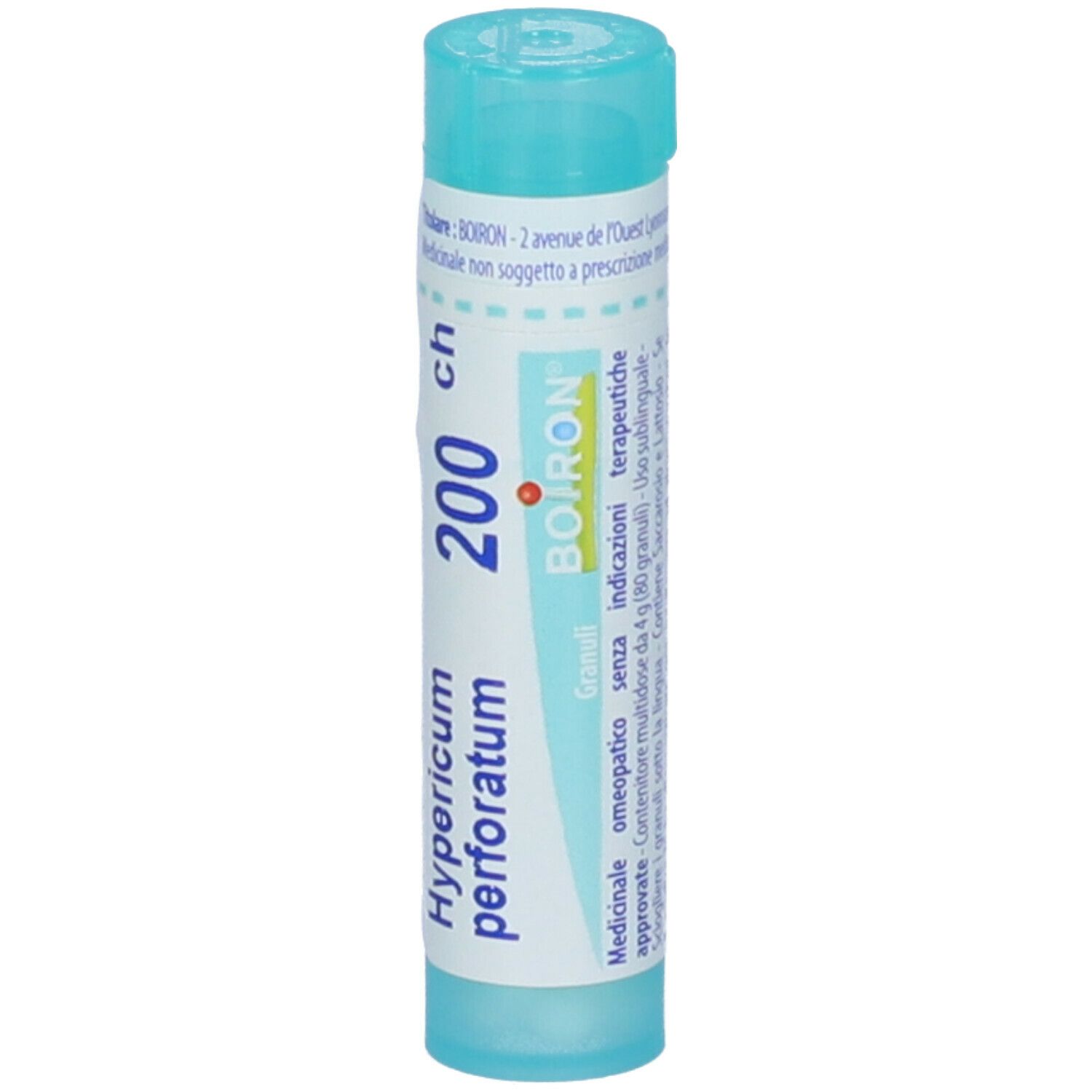 Tubo azzurro con testo bianco: Hypericum perforatum 200 ch, Granuli, BOIRON. Vista dettagliata.