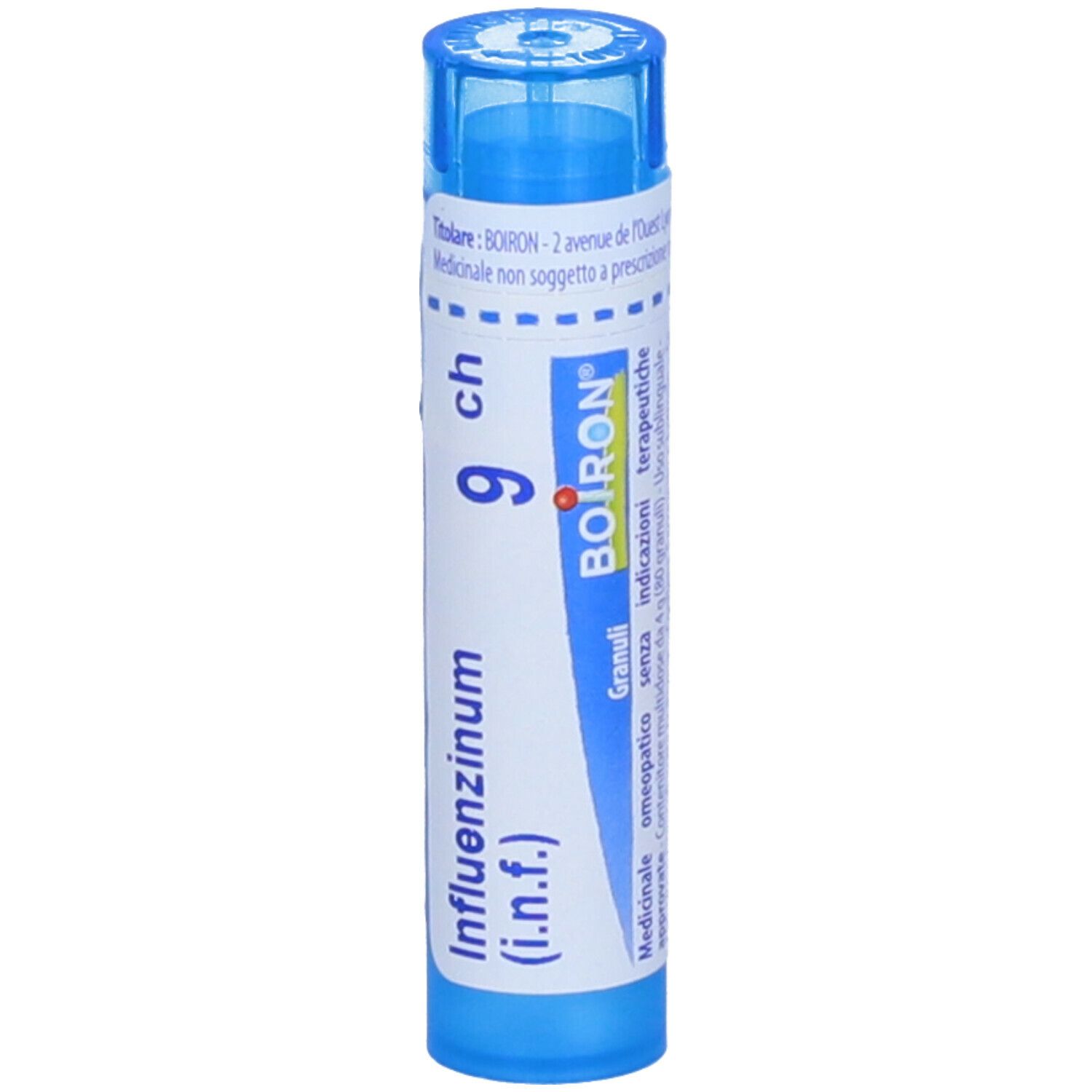 Tubo blu con scritta bianca Influenzinum (i.n.f.) 9 ch e BOIRON®.