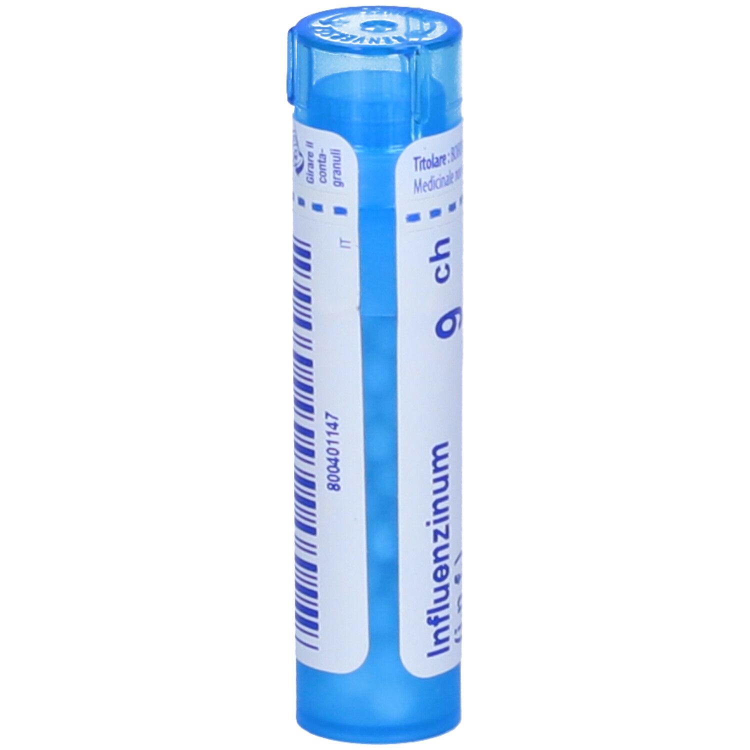 Tubo blu con etichetta bianca e codice a barre. Influenzinum 9 ch.