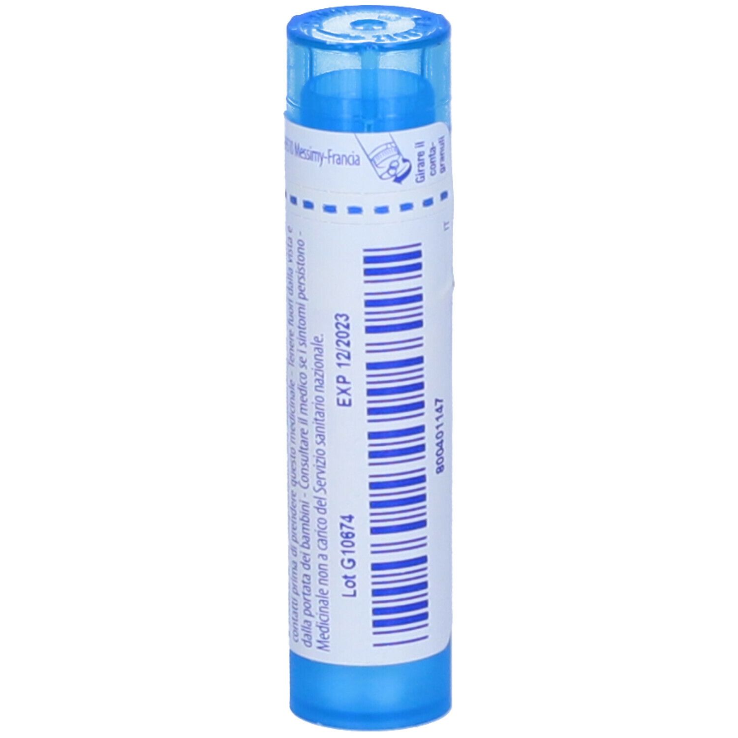 Tubo blu con etichetta bianca. Scritta: Influenzinum, EXP 12/2023.